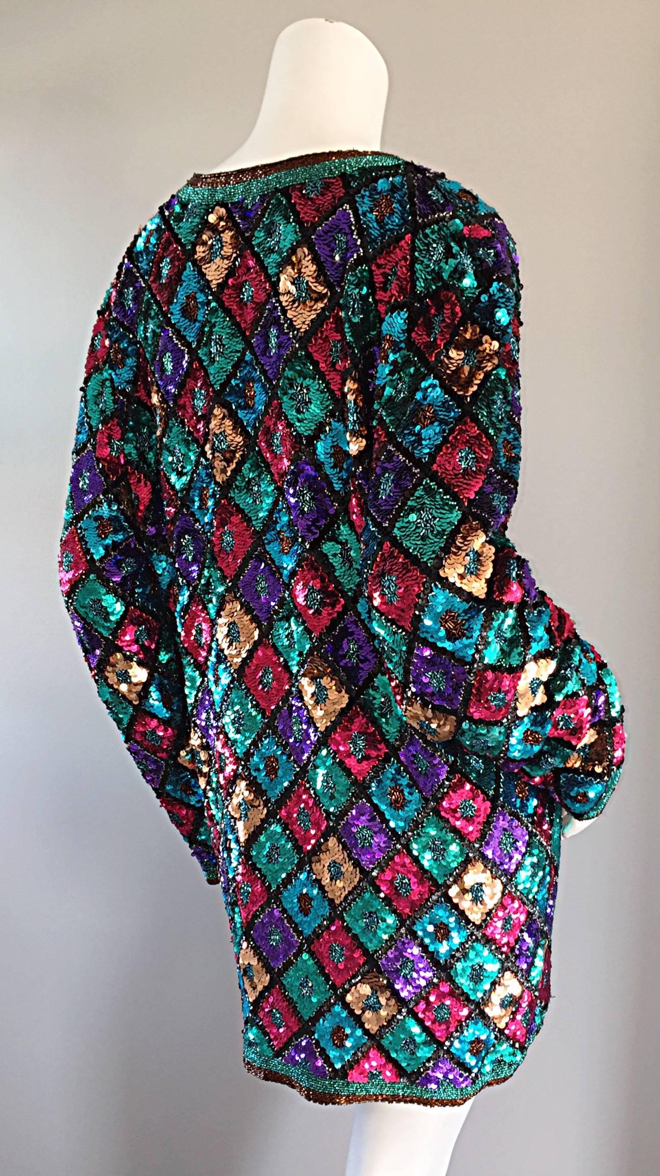 Vintage Oleg Cassini Sequined & Beaded Colorful Slouchy ' Stained Glass ' Jacket 1