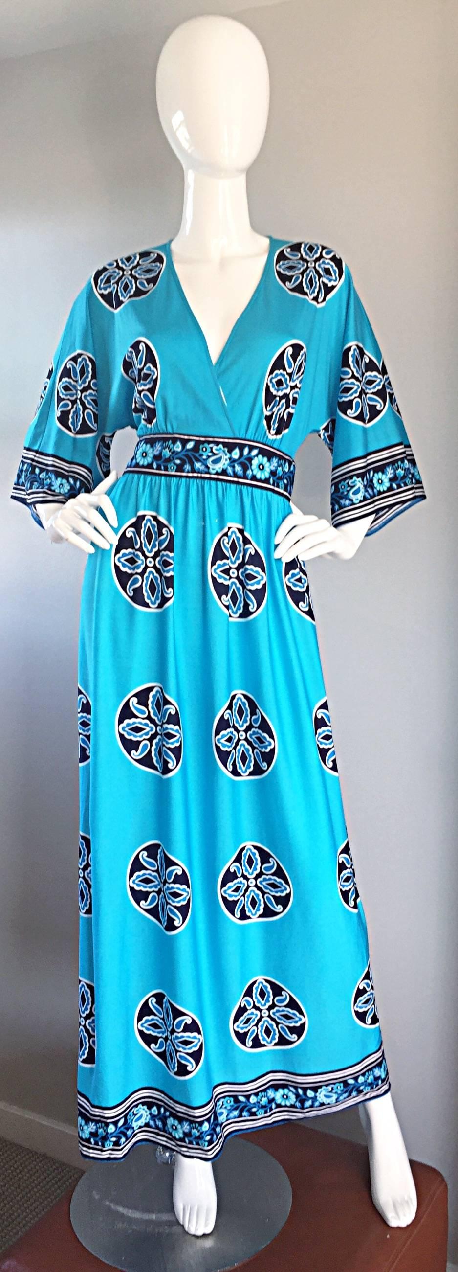 Women's Amazing 1970s 70s Aqua Blue ' Ethnic ' Inspired Mosaic Printed Maxi Caftan Dress