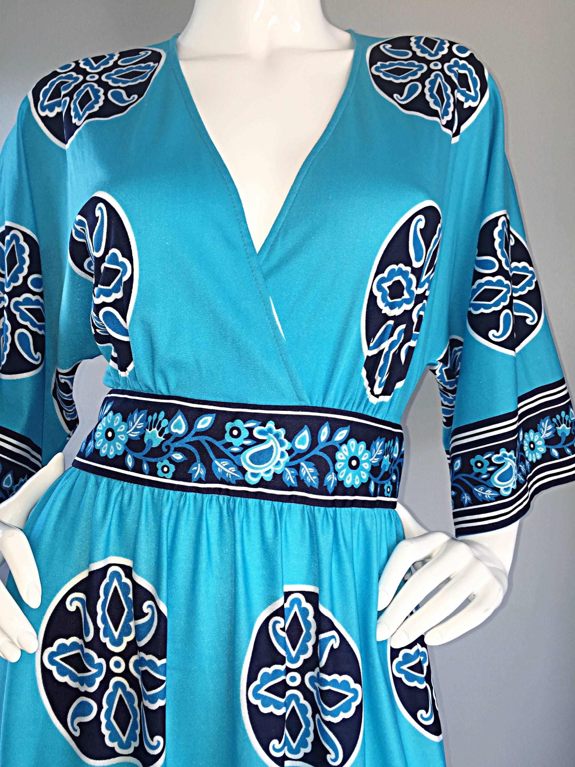 Amazing 1970s 70s Aqua Blue ' Ethnic ' Inspired Mosaic Printed Maxi Caftan Dress 2