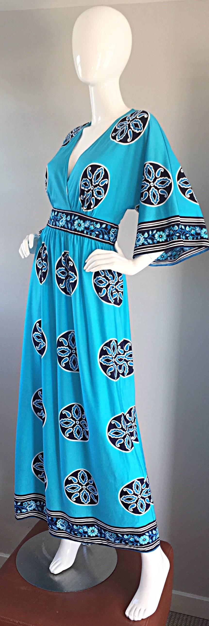 Amazing 1970s 70s Aqua Blue ' Ethnic ' Inspired Mosaic Printed Maxi Caftan Dress In Excellent Condition In San Diego, CA