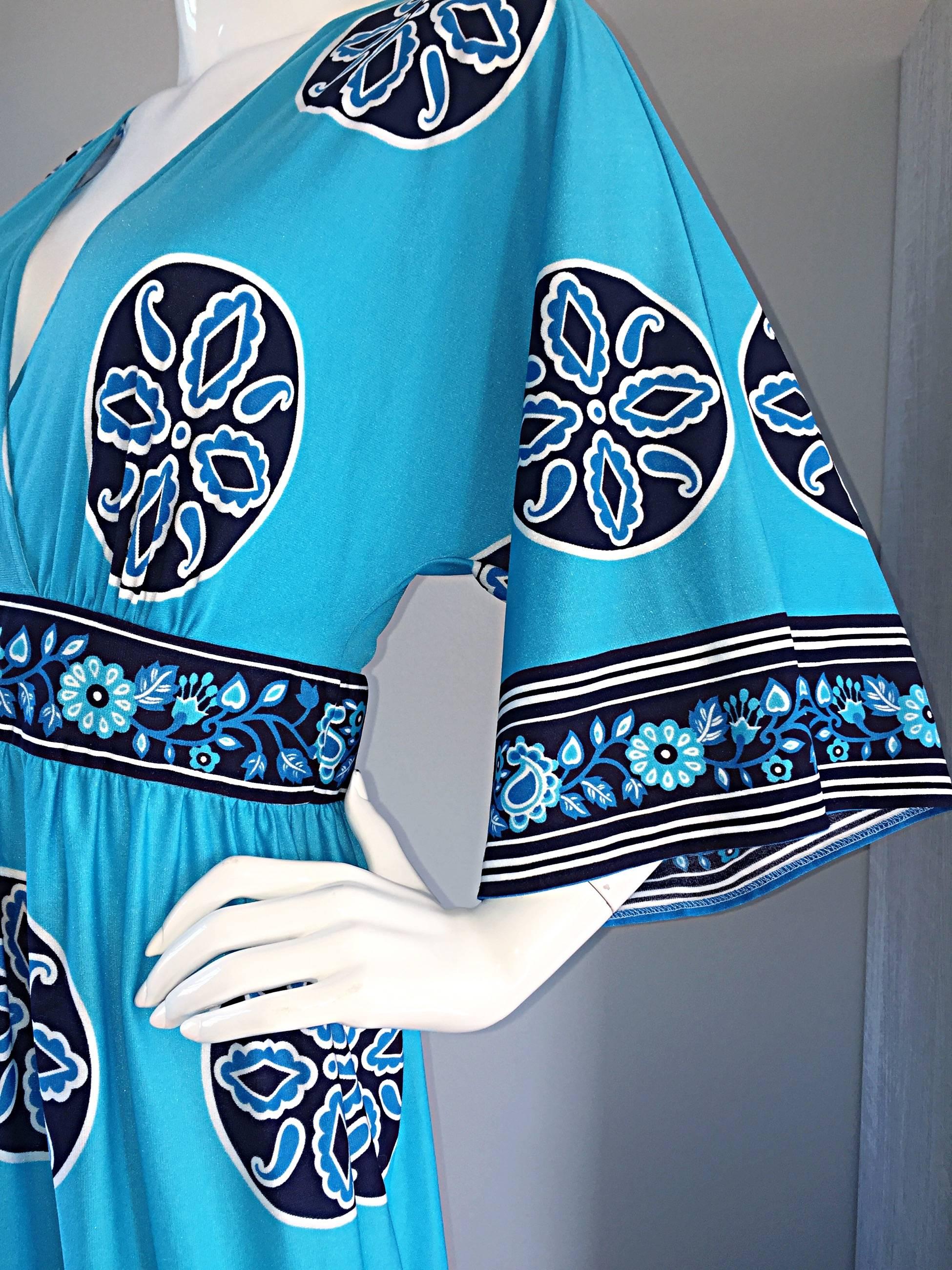 Amazing 1970s 70s Aqua Blue ' Ethnic ' Inspired Mosaic Printed Maxi Caftan Dress 3