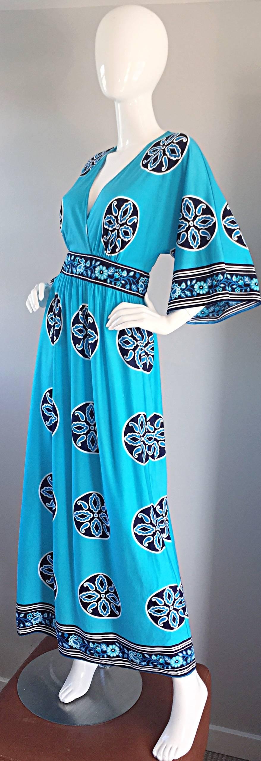 Amazing 1970s 70s Aqua Blue ' Ethnic ' Inspired Mosaic Printed Maxi Caftan Dress 1