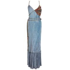 1970's Mary McFadden Couture Metallic Beaded Sky-Blue Pleated Silk Goddess Gown