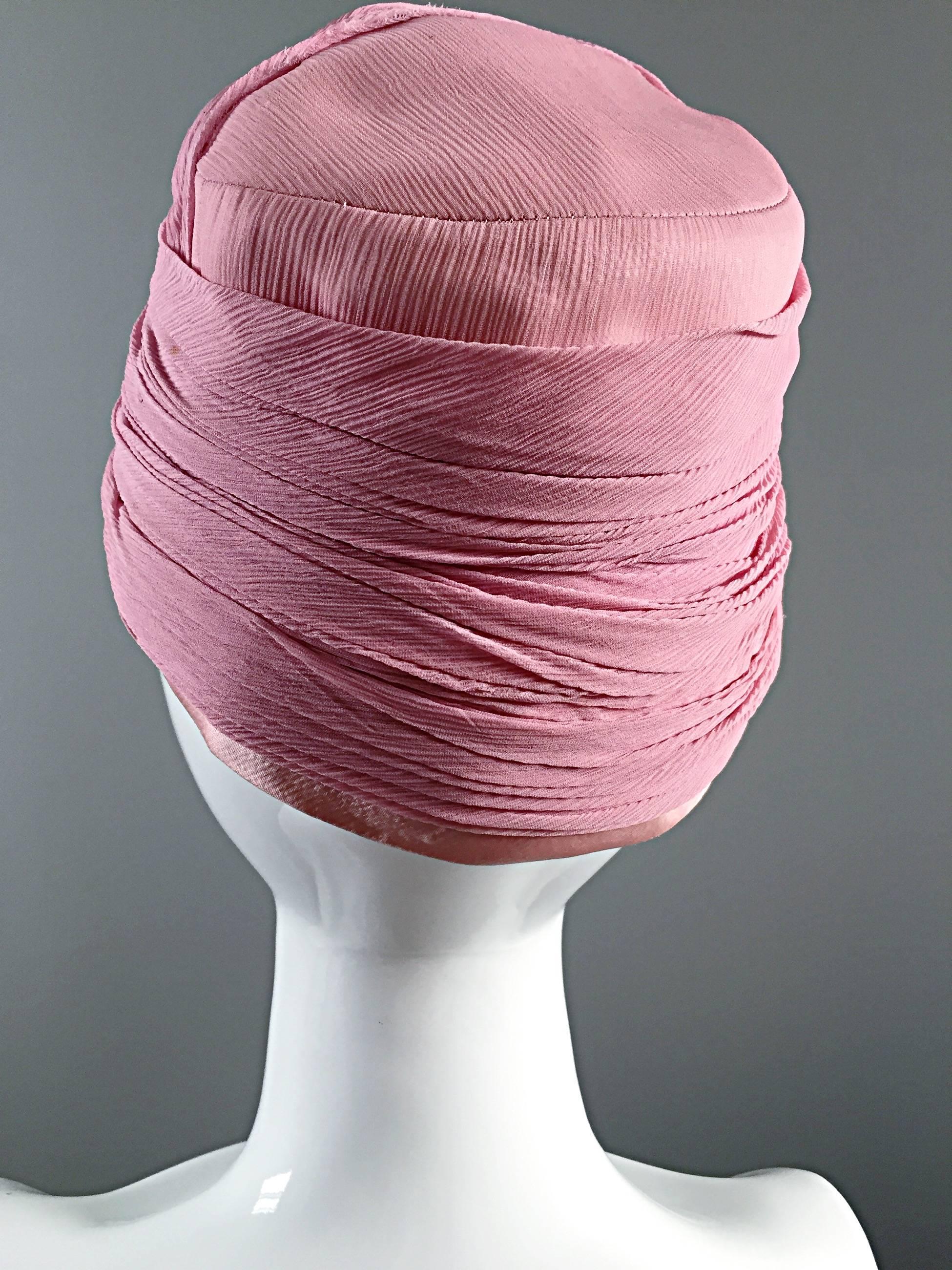 Rare 1960s Vintage Yves Saint Laurent Couture Pink Silk Vintage Turban Hat YSL In Excellent Condition In San Diego, CA