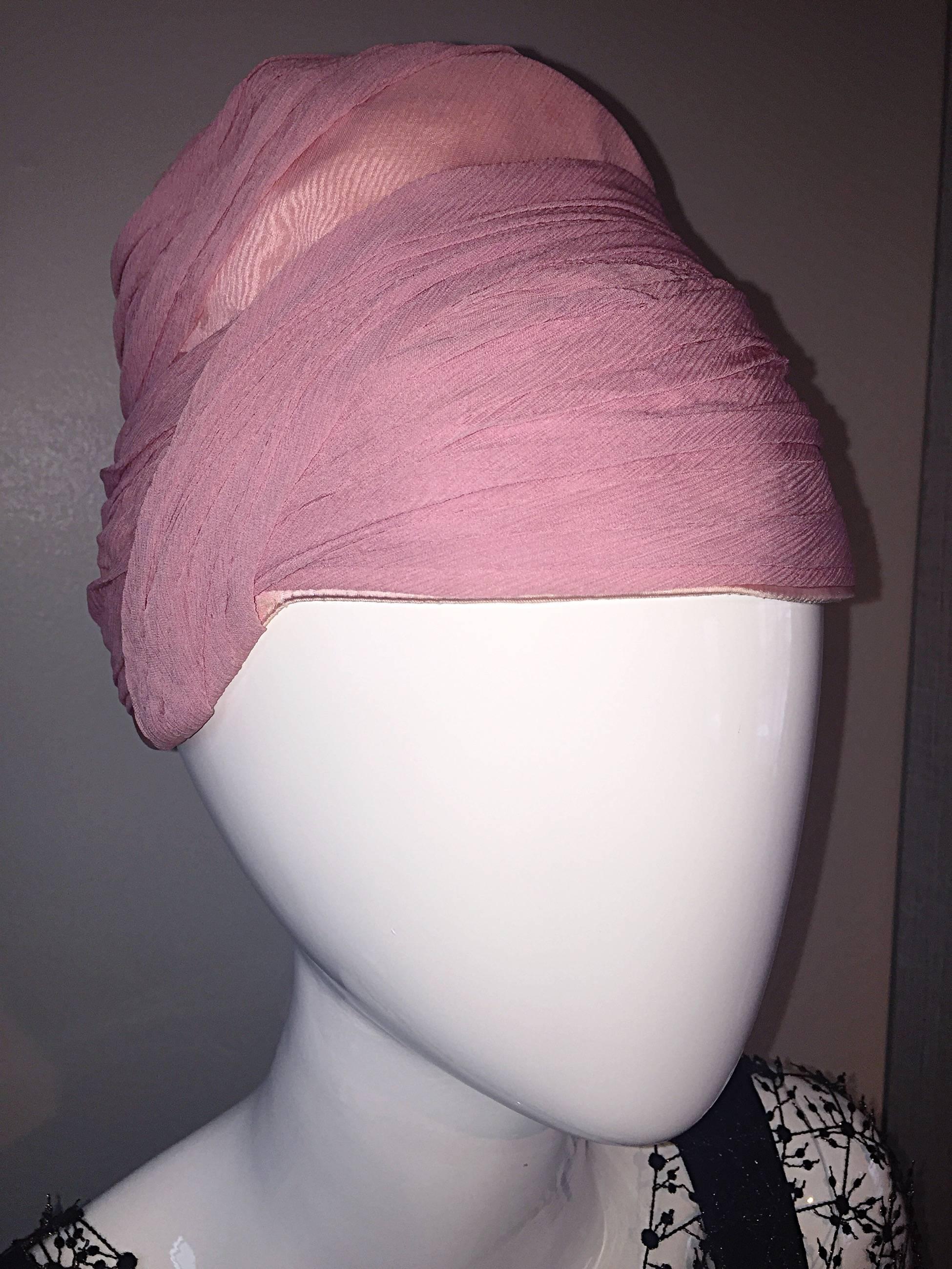 Women's Rare 1960s Vintage Yves Saint Laurent Couture Pink Silk Vintage Turban Hat YSL