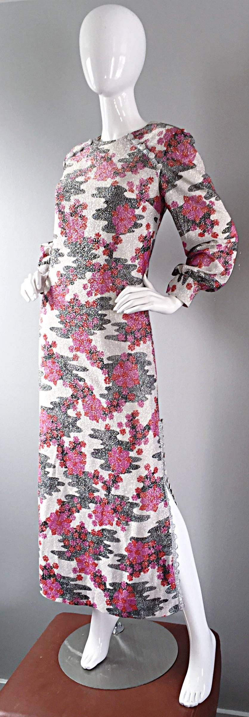 Sensational 1960s Vintage Balmain Metallic Cherry Blossom Op - Art Dress / Gown In Excellent Condition In San Diego, CA