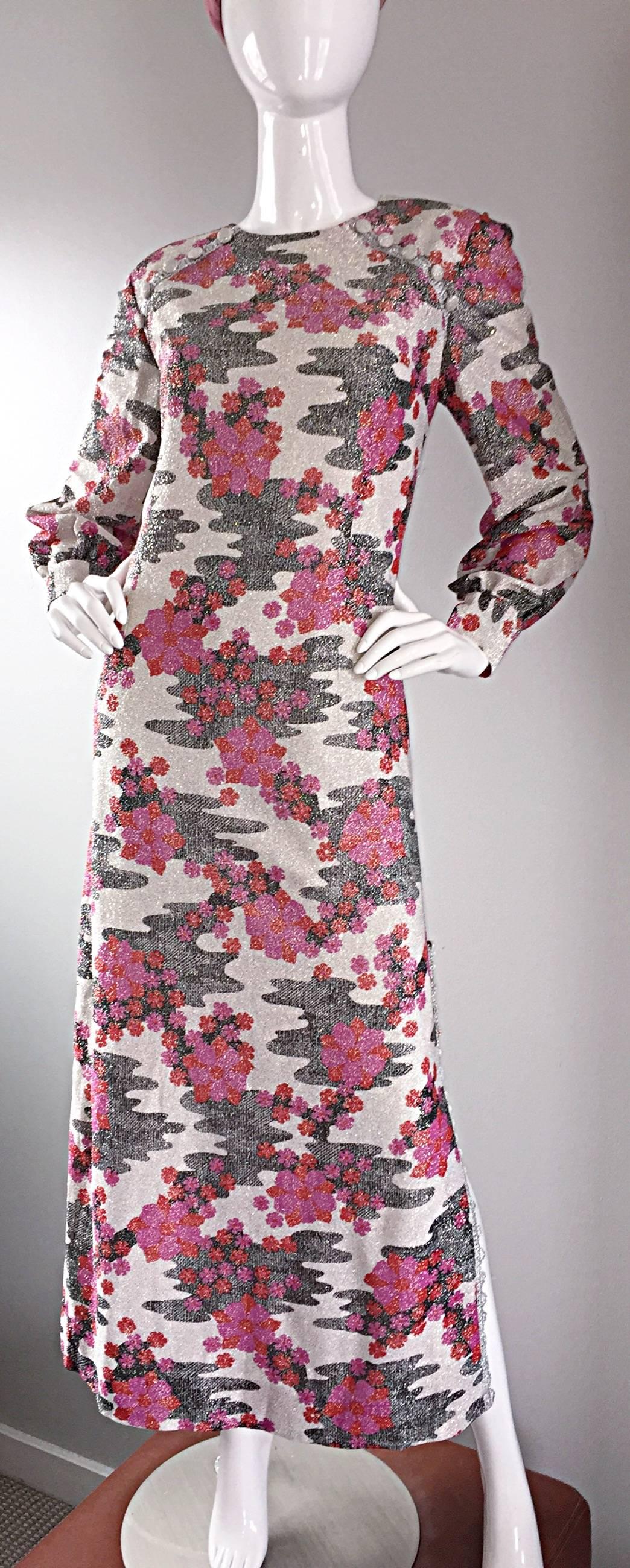 Women's Sensational 1960s Vintage Balmain Metallic Cherry Blossom Op - Art Dress / Gown