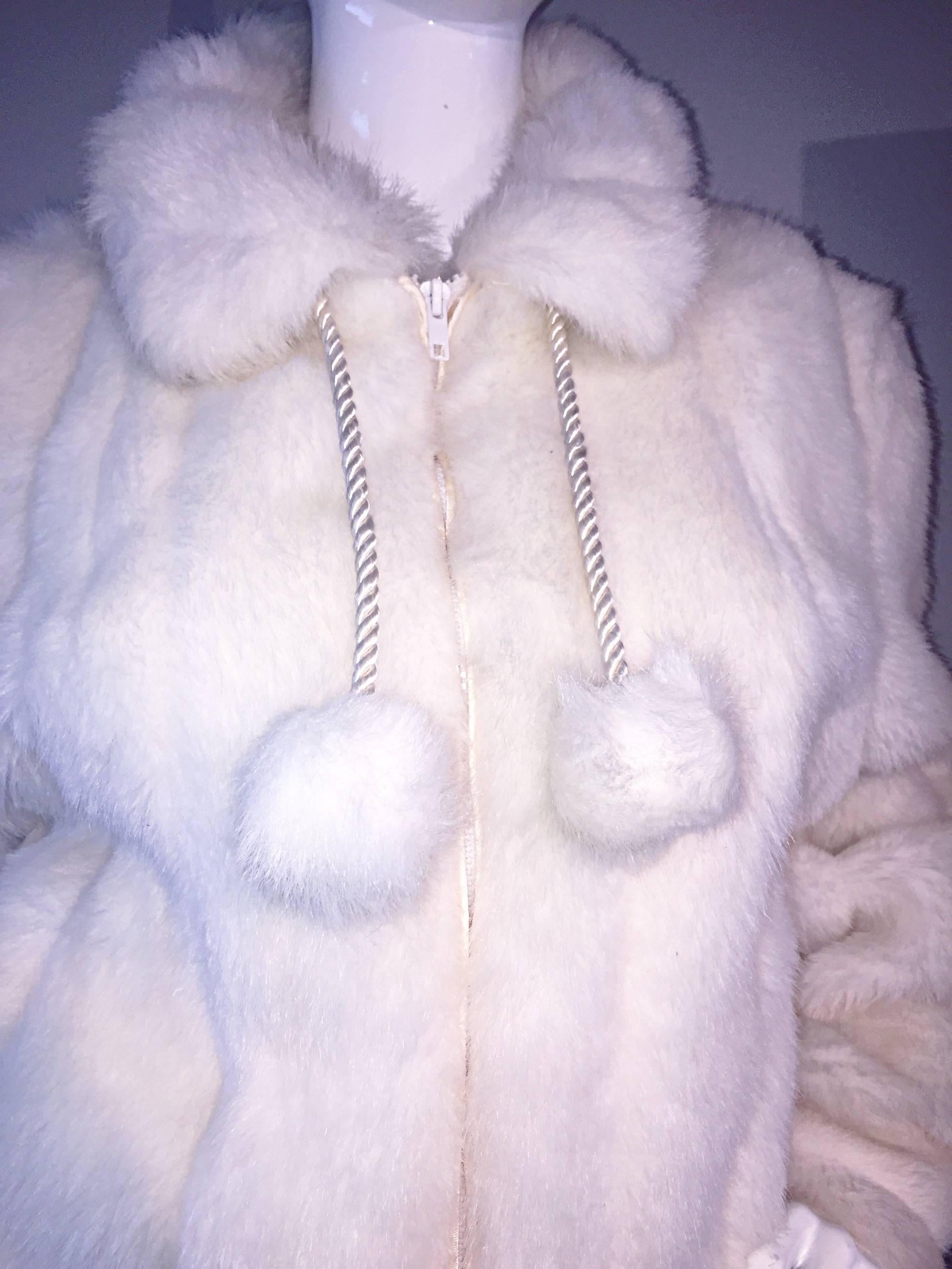 Gray Vintage Oleg Cassini Winter White Faux Fur ' Pom Pom ' Jacket Coat  For Sale