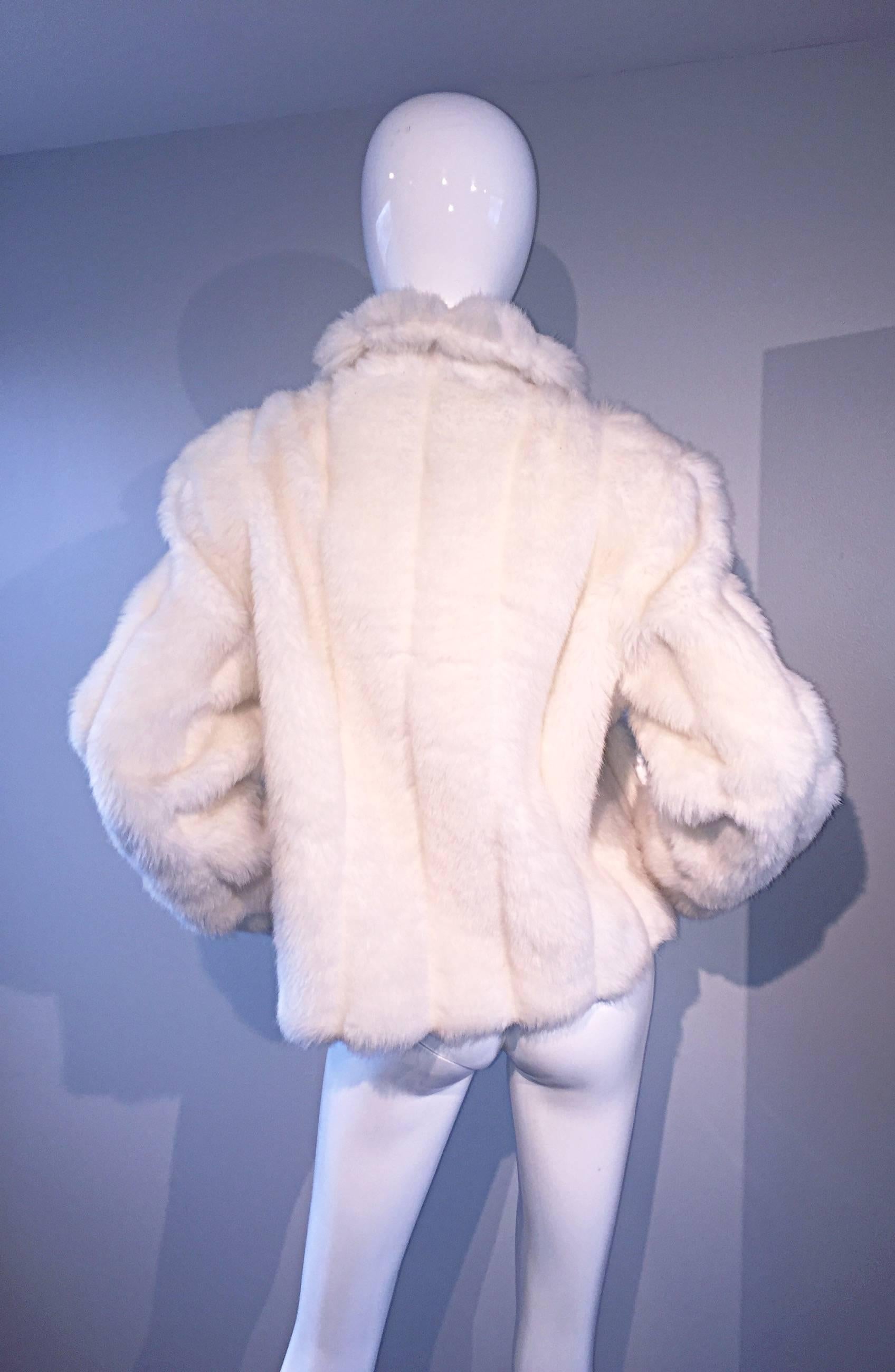 Women's Vintage Oleg Cassini Winter White Faux Fur ' Pom Pom ' Jacket Coat  For Sale