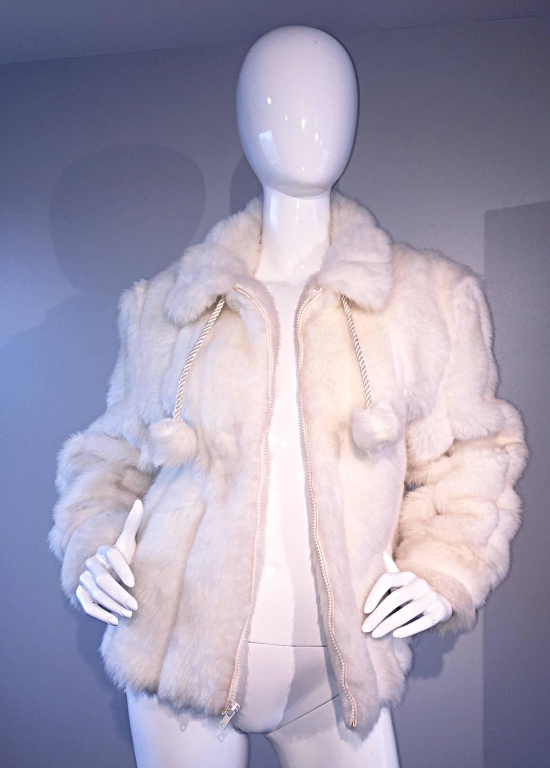 Vintage Oleg Cassini Winter White Faux Fur ' Pom Pom ' Jacket Coat For