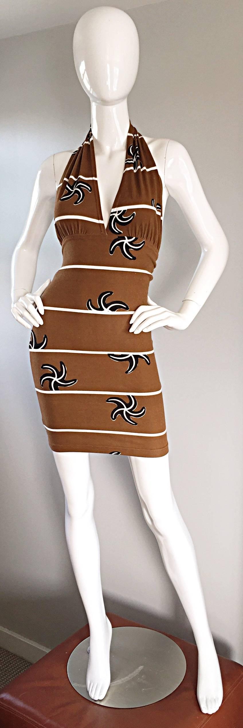 Sexy, and rare! This early 90s MICHELE LAMY dress looks amazing on, and was created by 'Rick Owens darling,' Michele (who is now his wife)! Light brown color, with white stripes, and black outlined 'starfish' printed throughout. Lamy only produced