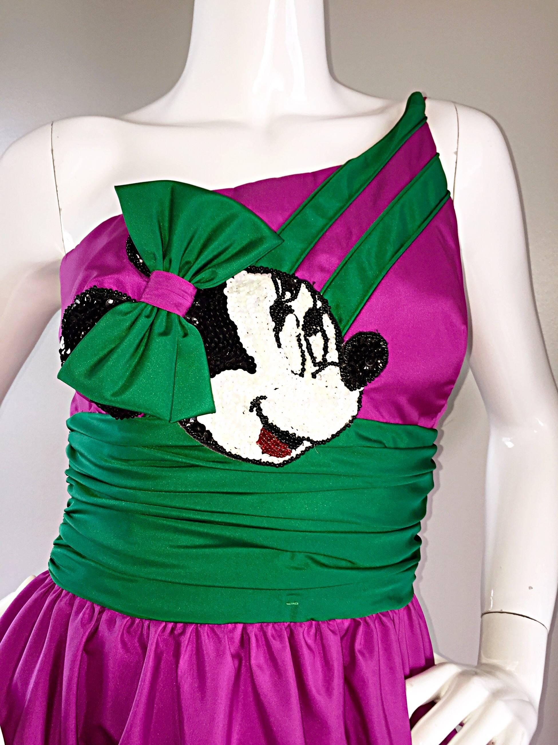 Limited Edition Vintage 1980s Mike Benet Minnie Mouse Purple One Shoulder Dress 2