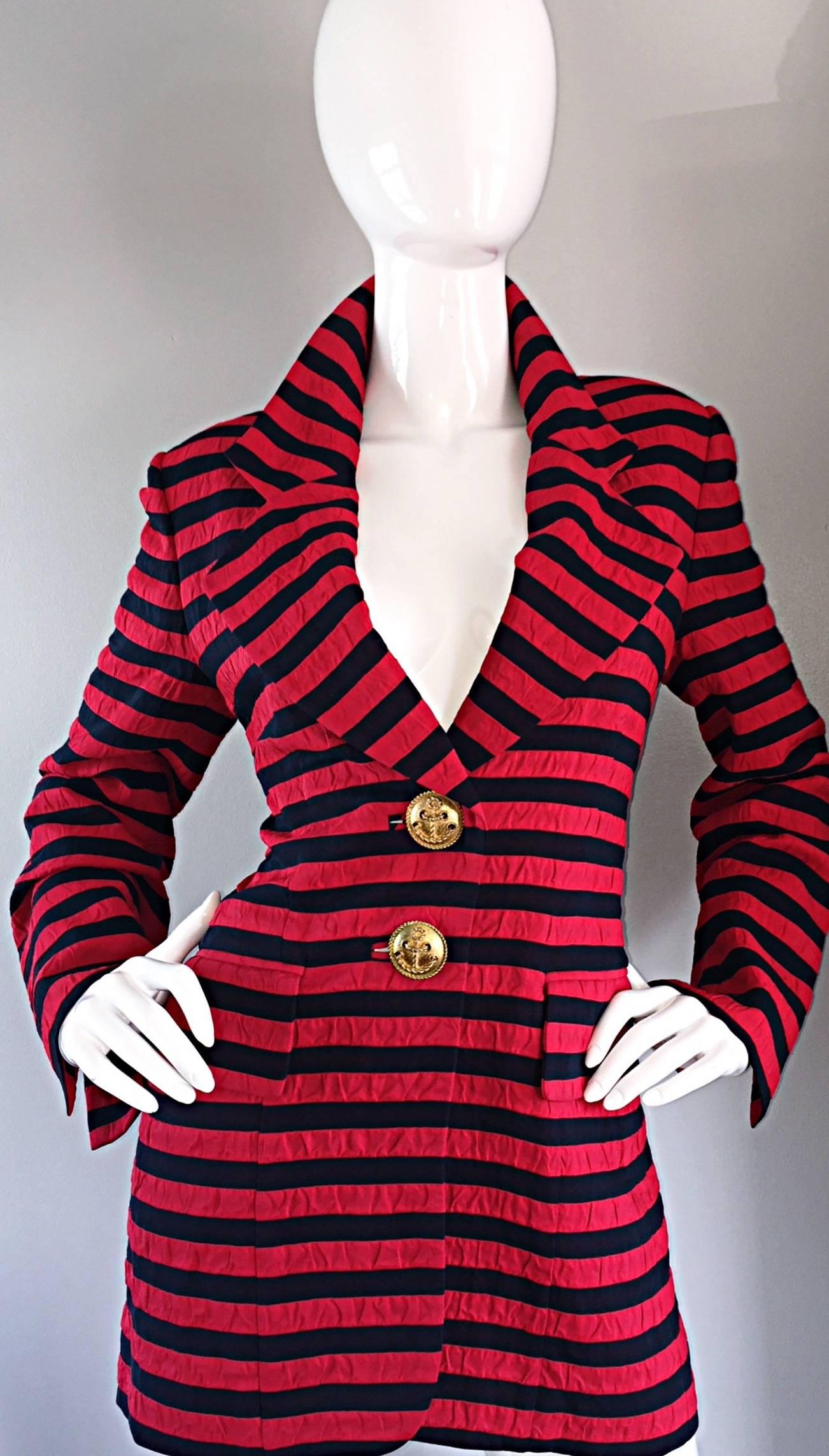 Incredible vintage CHRISTIAN DIOR Couture / Numbered blazer jacket! Nautical themed, with navy blue and red stripes. Chic gold oversized anchor buttons down the bodice. Very flattering fit. Great with jeans, white trousers, or a skirt. Pockets at