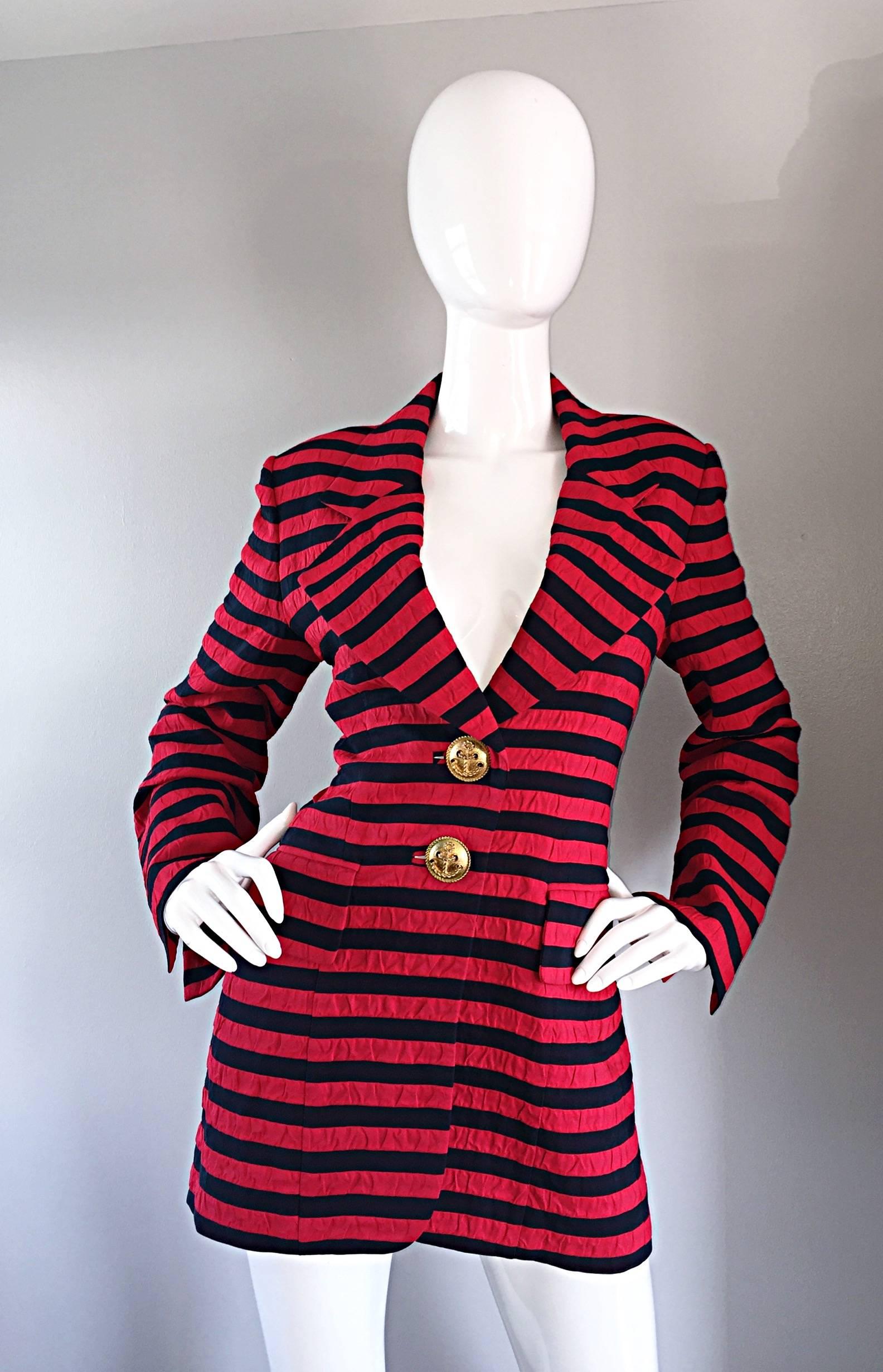 Vintage Christian Dior Couture Red + Navy Blue Striped Nautical Blazer Jacket 4