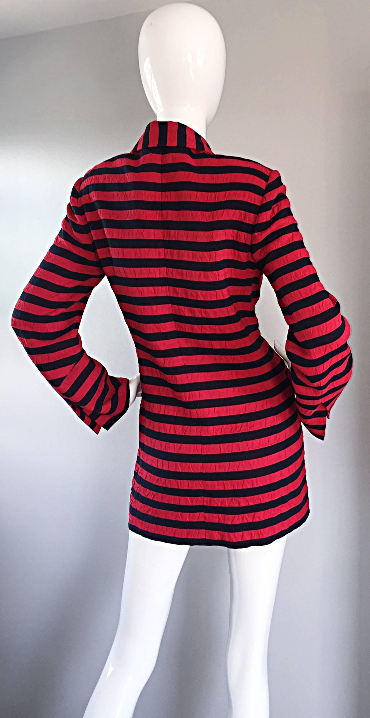 Vintage Christian Dior Couture Red + Navy Blue Striped Nautical Blazer Jacket 2