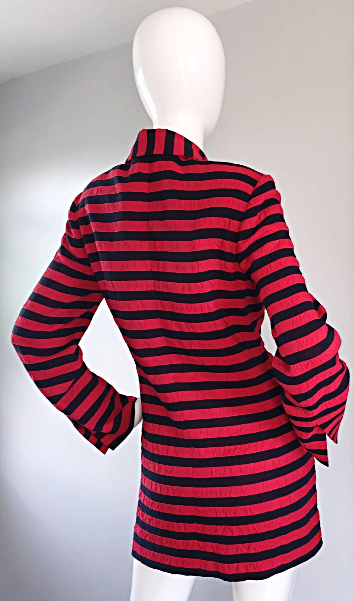 Vintage Christian Dior Couture Red + Navy Blue Striped Nautical Blazer Jacket In Excellent Condition In San Diego, CA