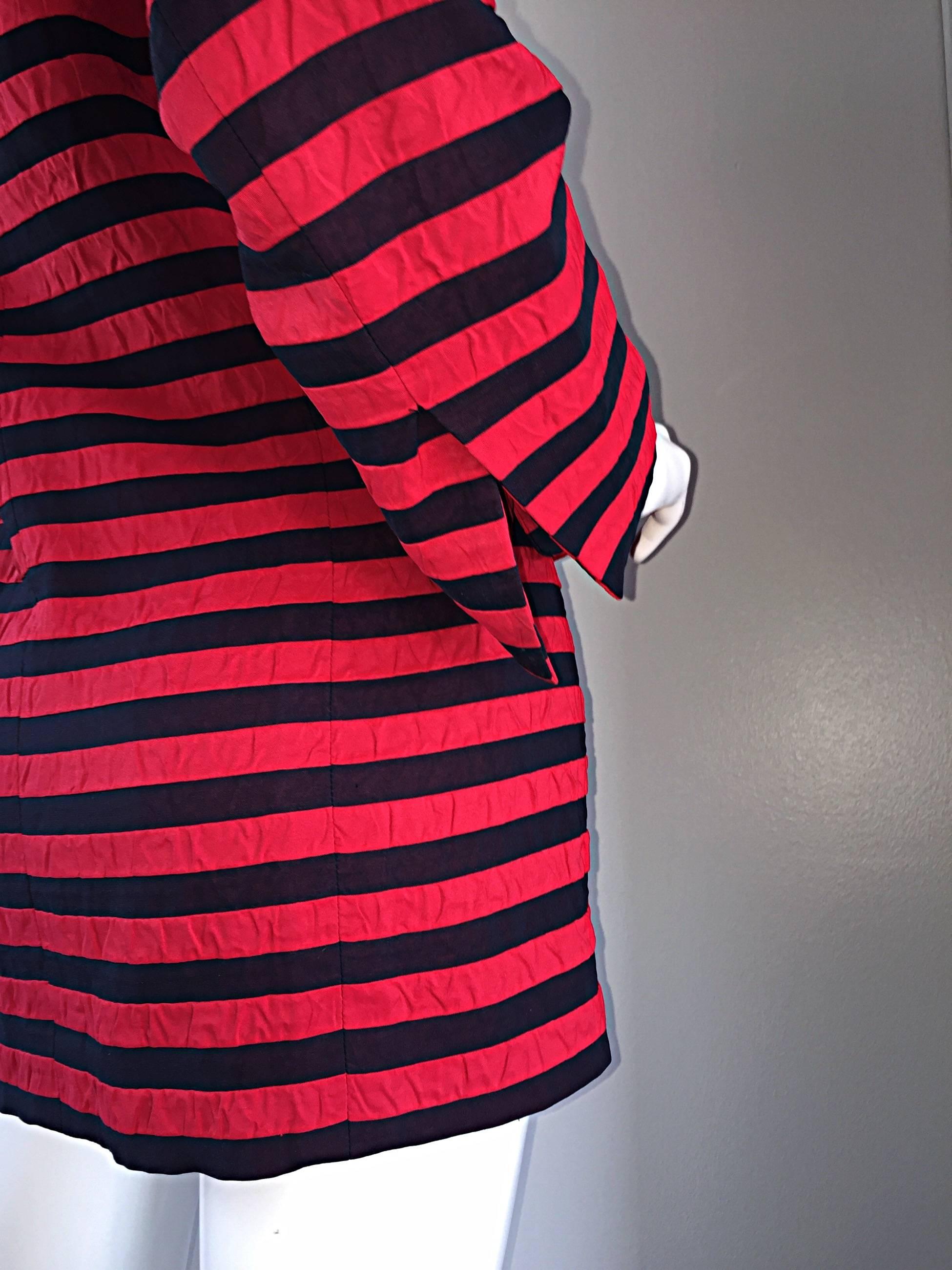 Vintage Christian Dior Couture Red + Navy Blue Striped Nautical Blazer Jacket 3