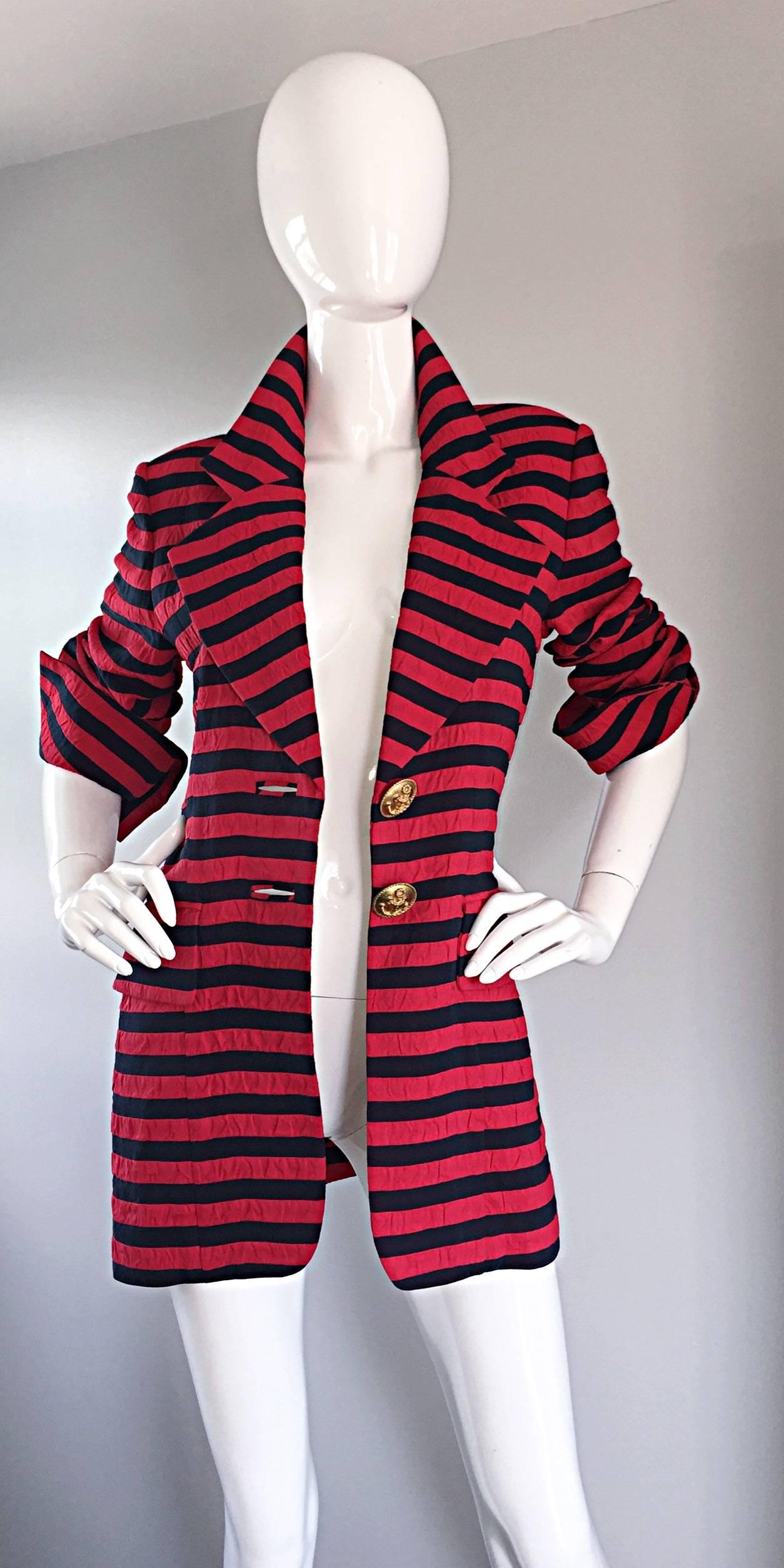 Women's Vintage Christian Dior Couture Red + Navy Blue Striped Nautical Blazer Jacket