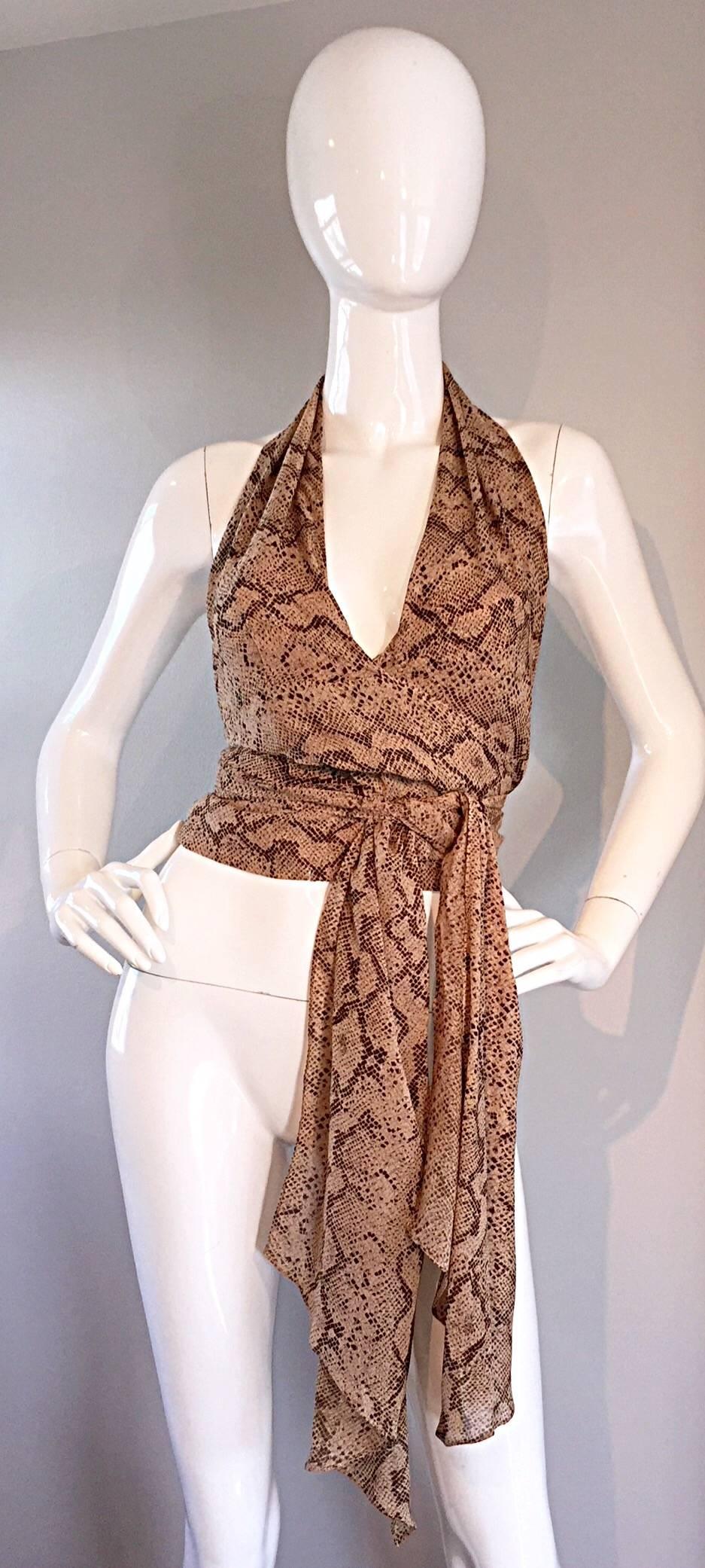 Amazing 1990s / 90s Sophie Sitbon silk chiffon blouse! Chic snakeskin python print. Layers of airy snake printed chiffon, that can wrap in the front, or back. Looks amazing with the vintage Christian Lacroix (pictured) in my 1stDibs Shop! Made in
