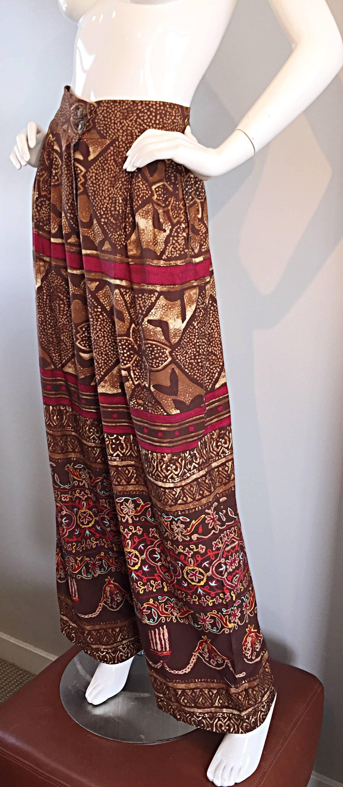 Brown Amazing Vintage Christian Lacroix 1990s High Waisted Ethnic Snake Wide Leg Pants For Sale