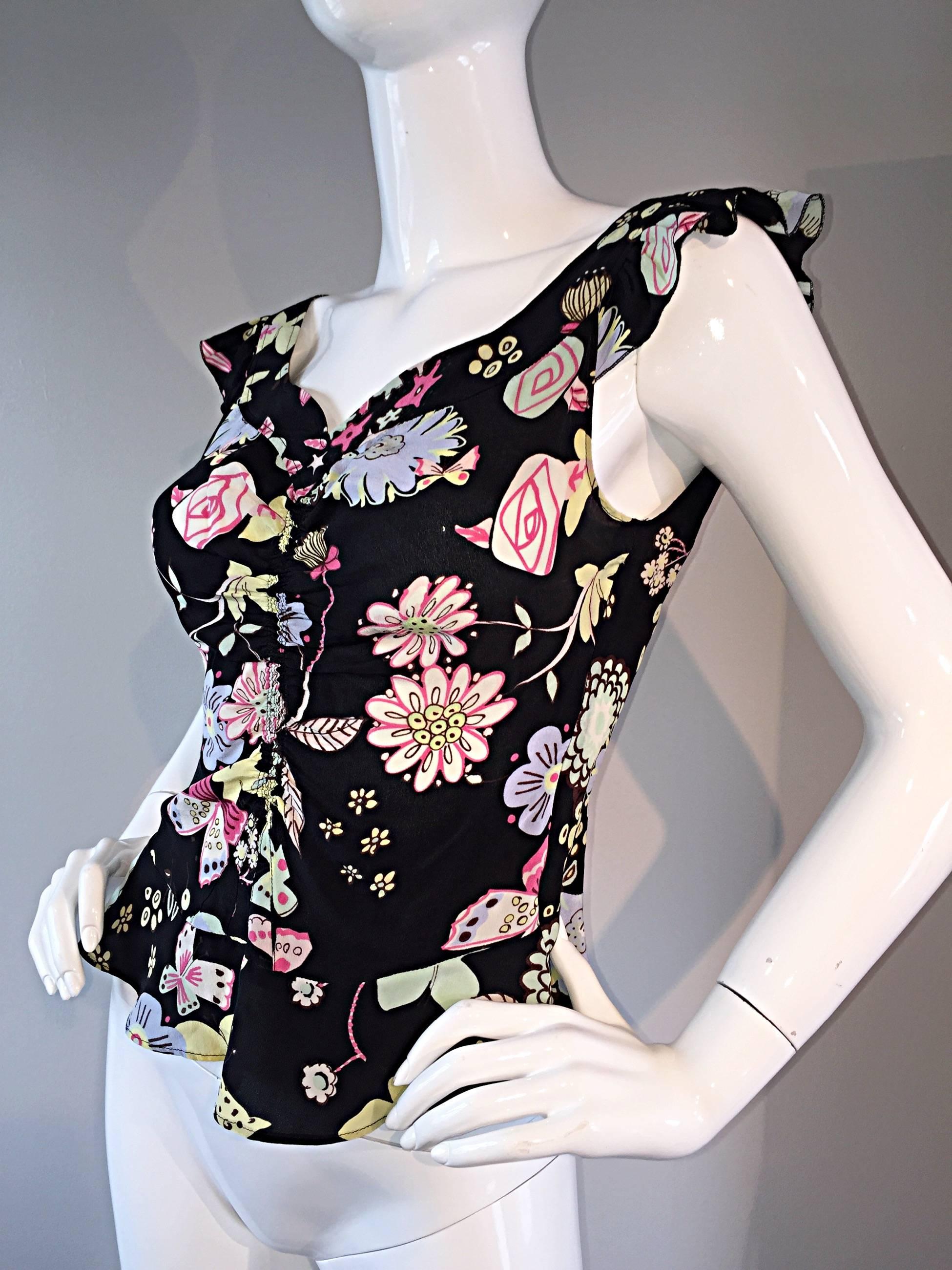 Vintage 90s Moschino Cheap & Chic ' Butterflies and Flowers ' Silk Flutter Top In Excellent Condition In San Diego, CA