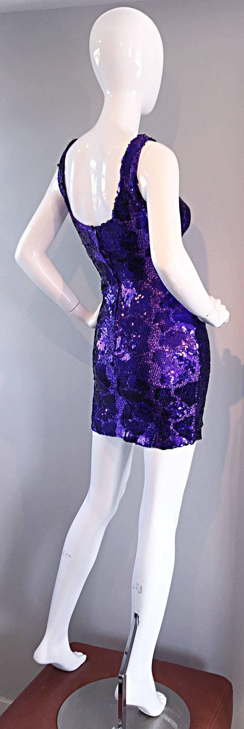 WOW! Super sexy, and very stylish purple sequin bodcon dress! All-over purple metallic, with hundreds of sequins, clustered to look like a leopard / cheetah print. Looks amazing on--hugs the body in all the right places! Well made, with a hidden