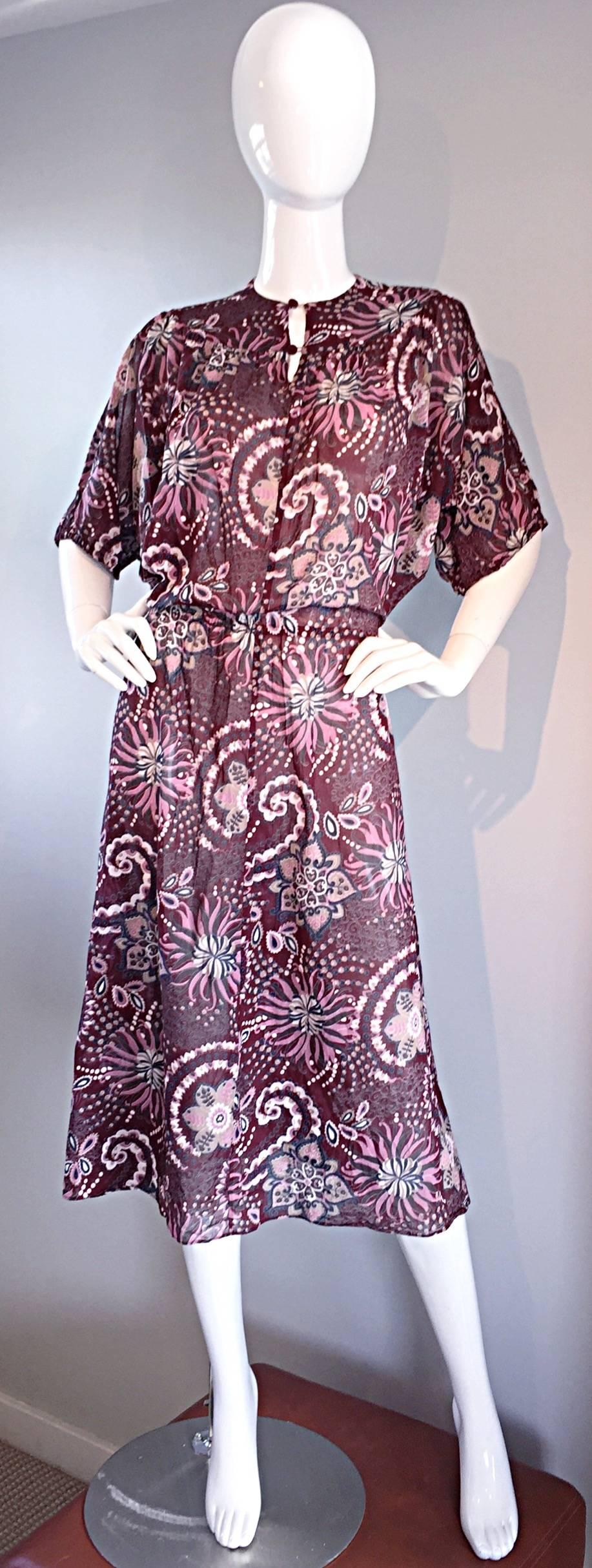Black Amazing 1970s 70s Cotton + Silk Op - Art Dolman Sleeve Boho Bohemian Dress
