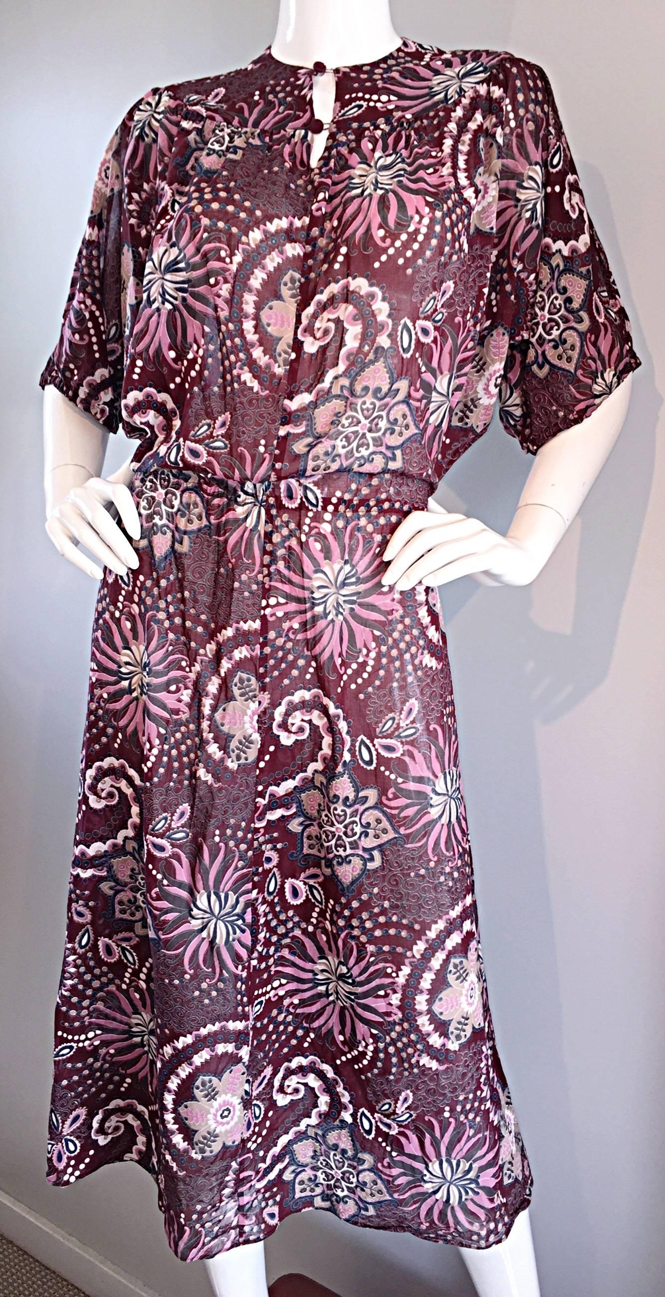 Women's or Men's Amazing 1970s 70s Cotton + Silk Op - Art Dolman Sleeve Boho Bohemian Dress