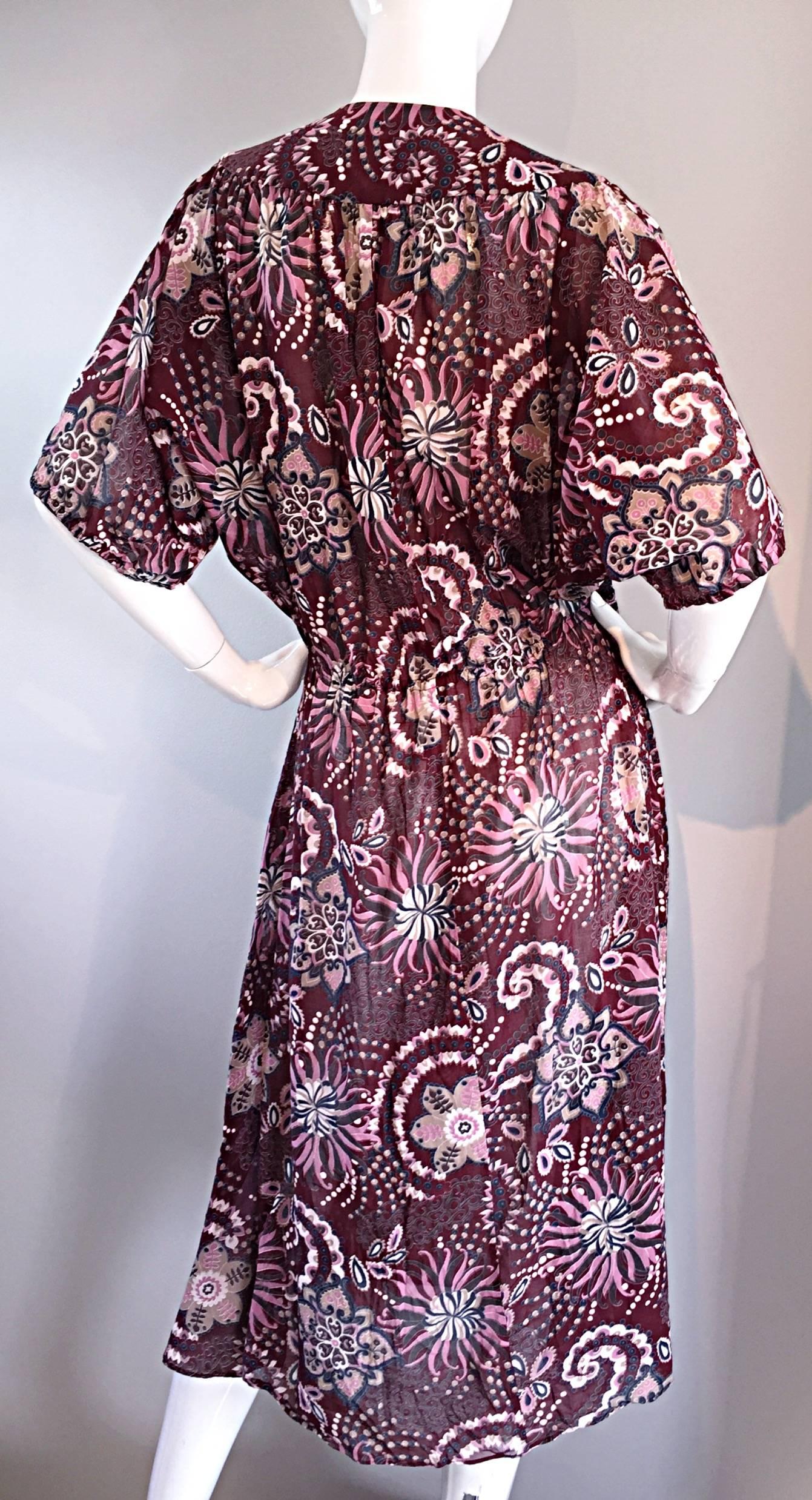 Amazing 1970s 70s Cotton + Silk Op - Art Dolman Sleeve Boho Bohemian Dress In Excellent Condition In San Diego, CA