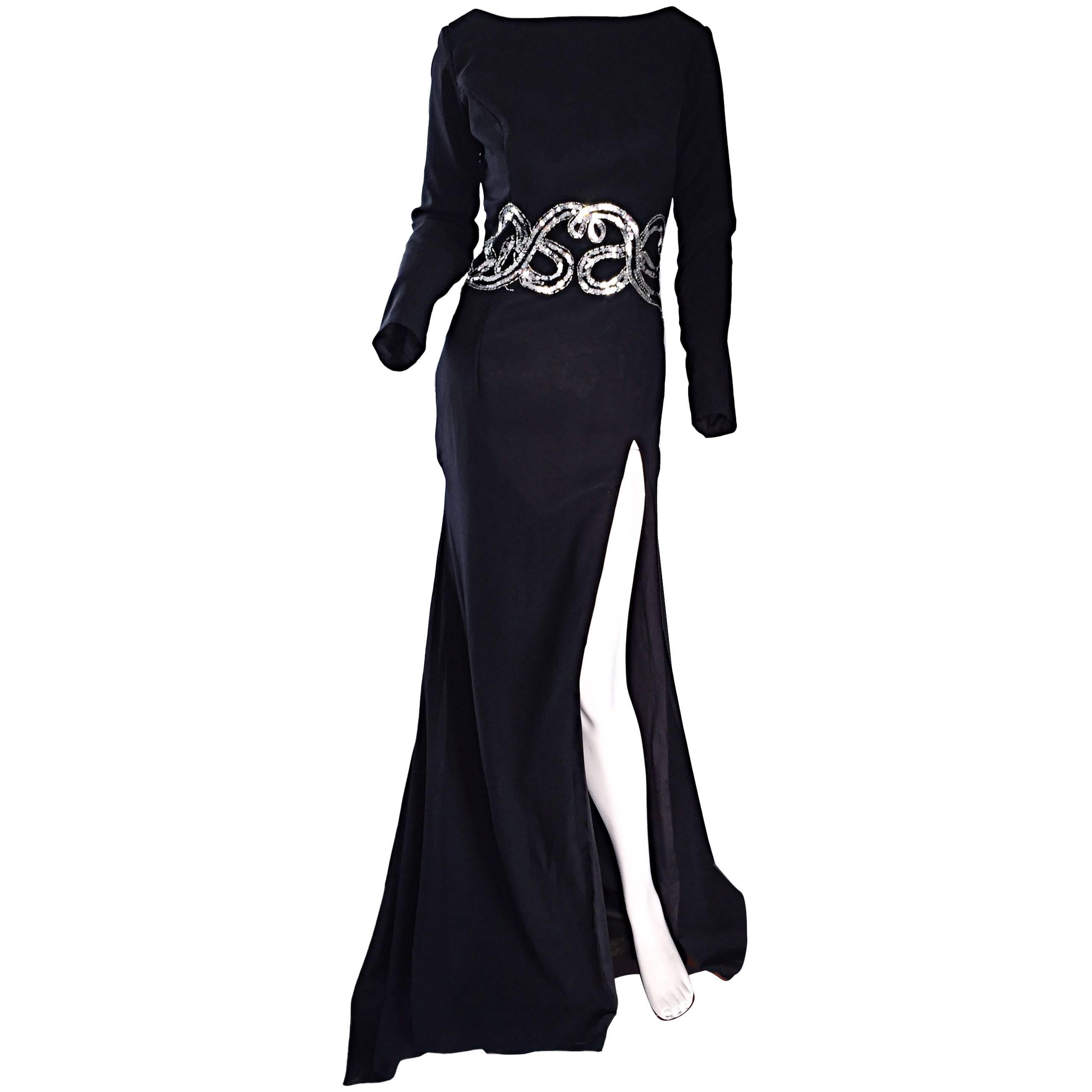 Sexy VIntage Custom Made Black Silk + Sequins Gown w/ Thigh HIgh Slit & Train For Sale