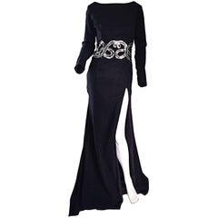 Sexy VIntage Custom Made Black Silk + Sequins Gown w/ Thigh HIgh Slit & Train