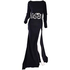 Sexy Vintage Custom Made Black Silk + Sequins Gown w/ Thigh HIgh Slit & Train