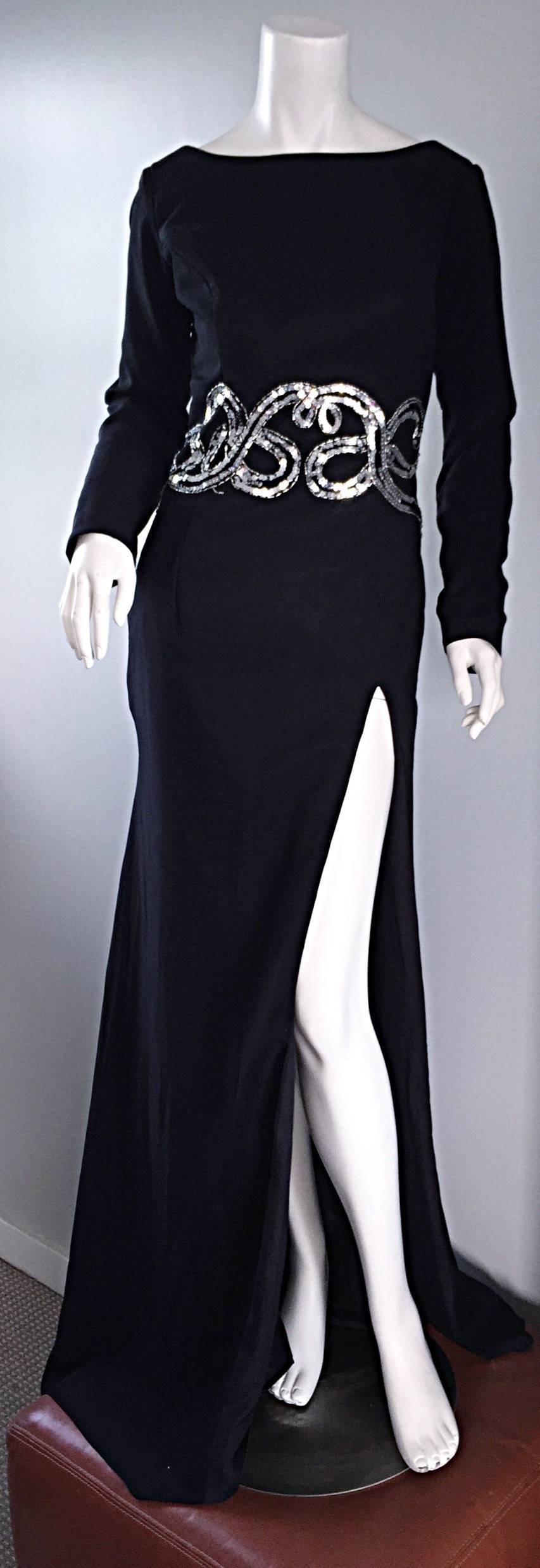 Sexy VIntage Custom Made Black Silk + Sequins Gown w/ Thigh HIgh Slit & Train For Sale 3