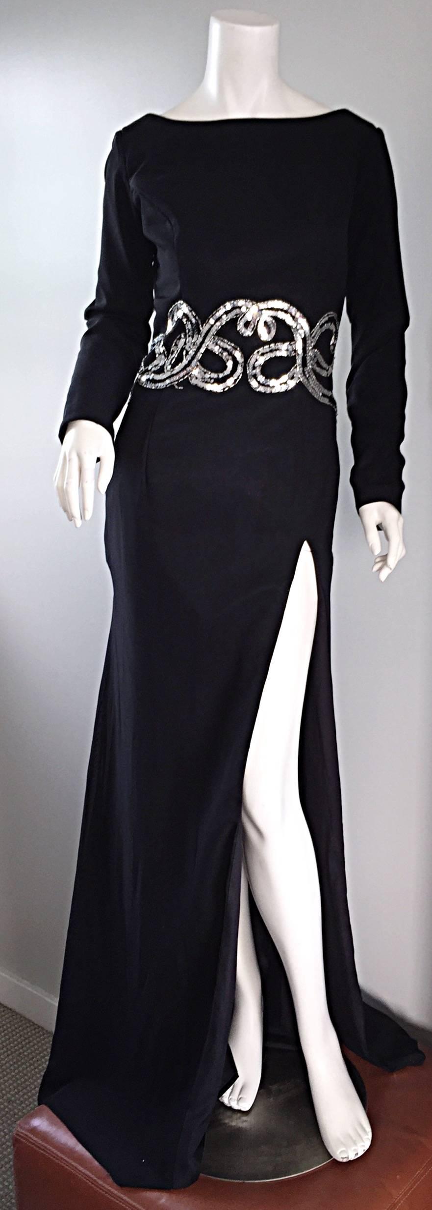 Sexy VIntage Custom Made Black Silk + Sequins Gown w/ Thigh HIgh Slit & Train For Sale 2