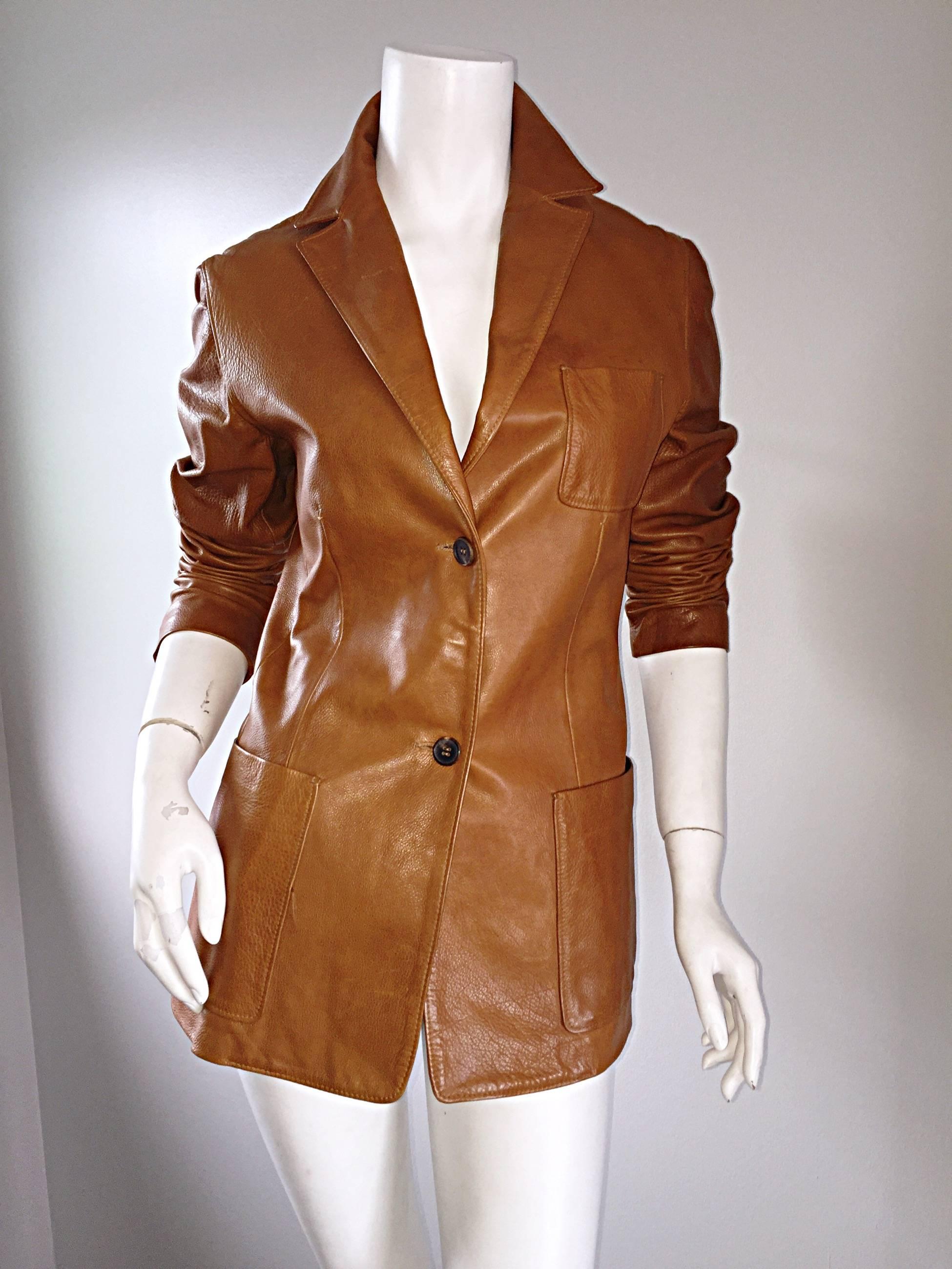 Brown Jil Sander Perfect Vintage 1990s Tan Saddle Leather Jacket Blazer Minimalist 