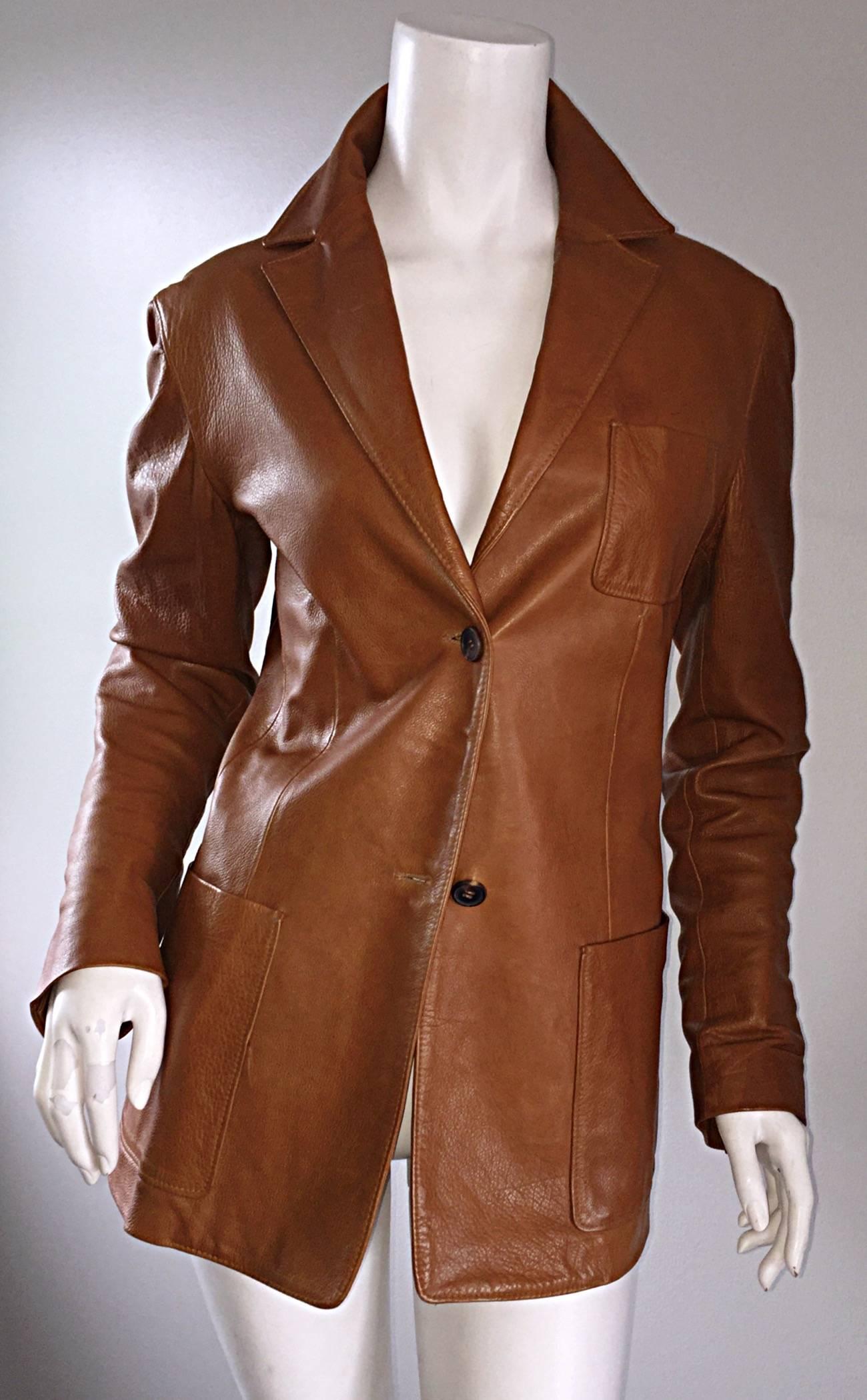 Women's Jil Sander Perfect Vintage 1990s Tan Saddle Leather Jacket Blazer Minimalist 