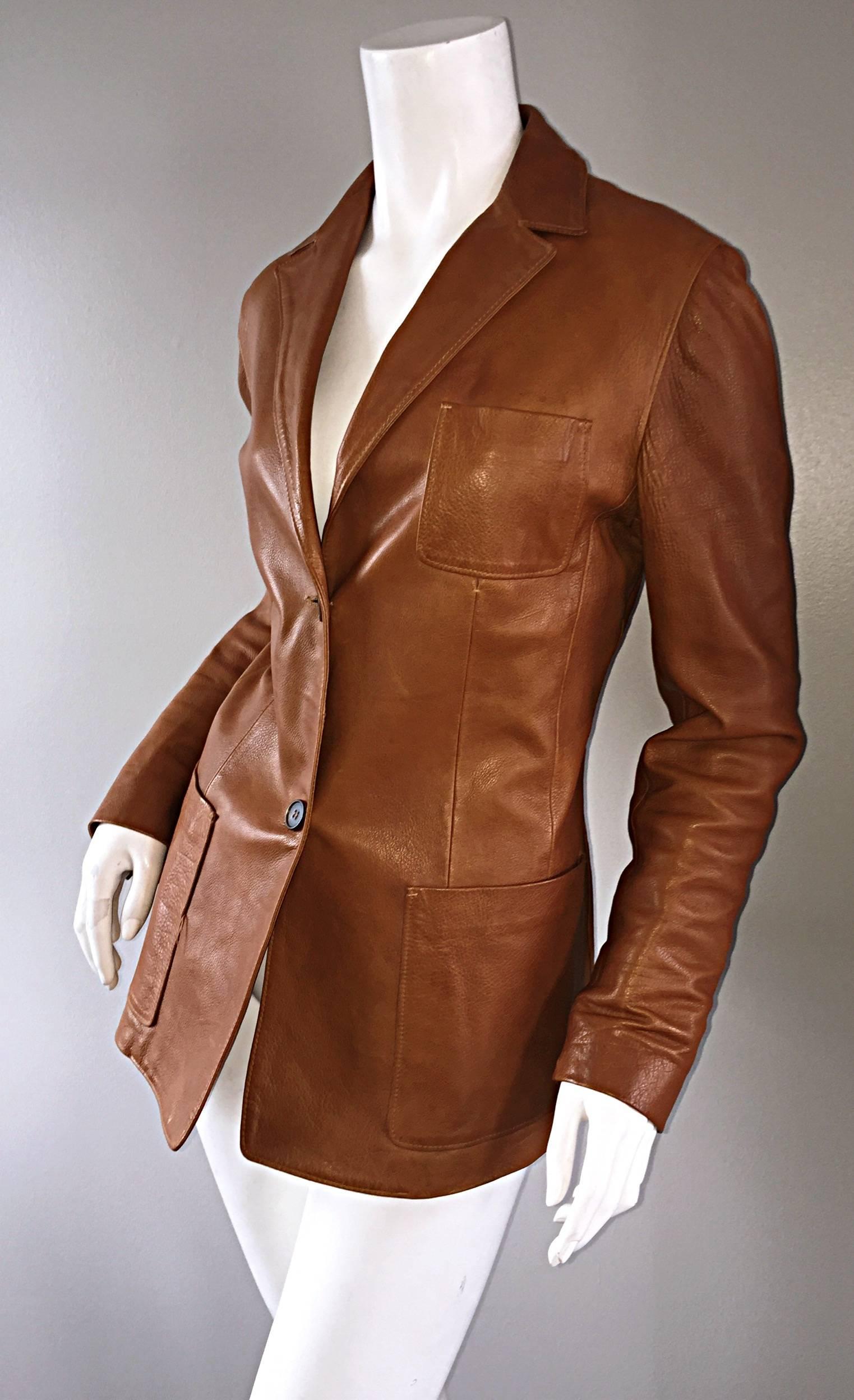 Jil Sander Perfect Vintage 1990s Tan Saddle Leather Jacket Blazer Minimalist  1
