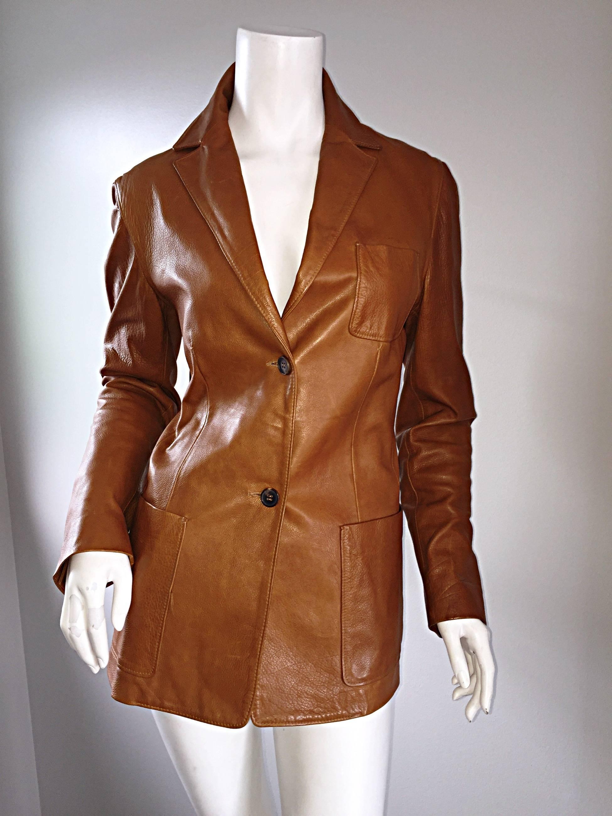 Jil Sander Perfect Vintage 1990s Tan Saddle Leather Jacket Blazer Minimalist  In Excellent Condition In San Diego, CA