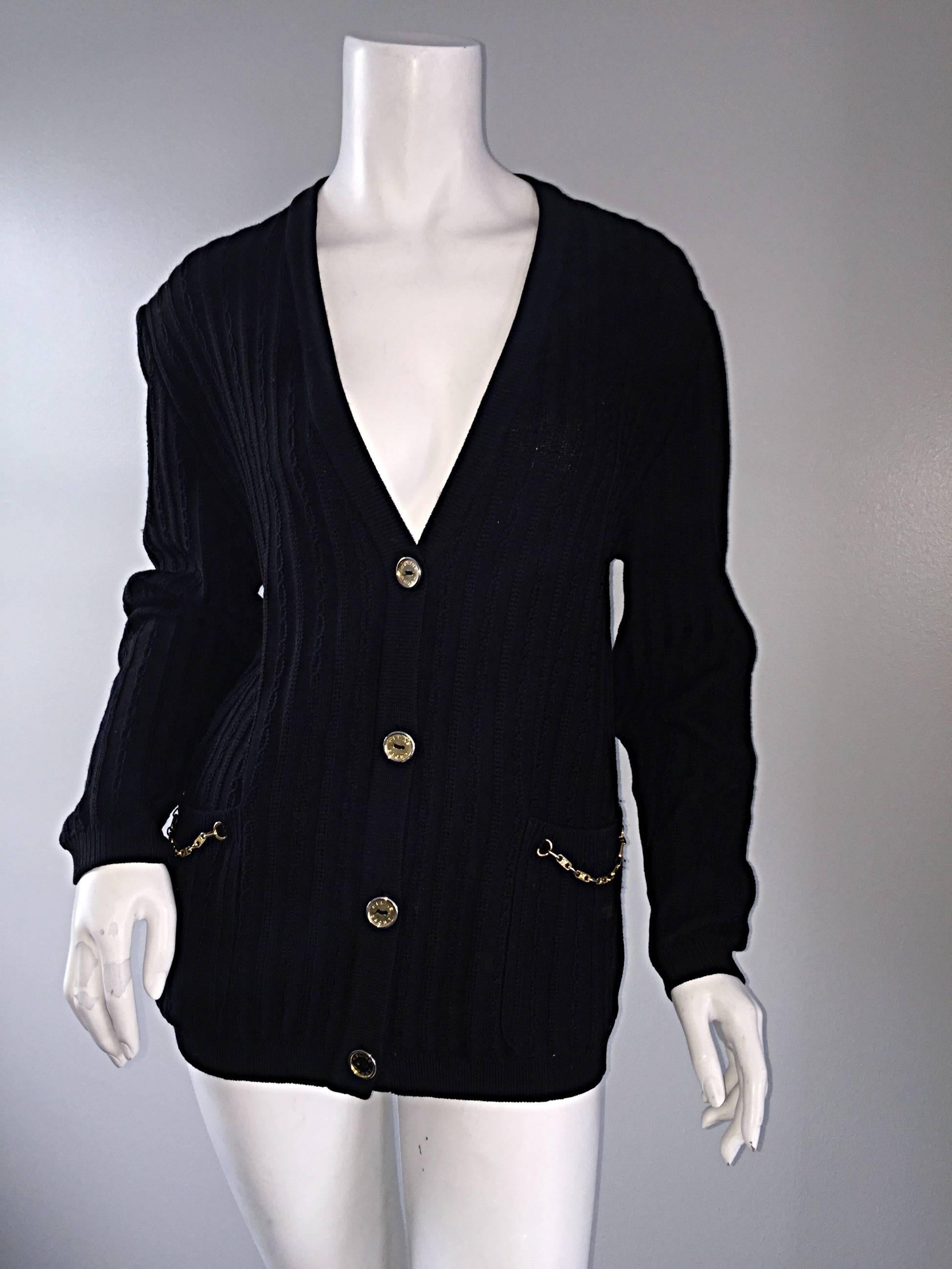 Vintage Celine Black Virgin Wool Ribbed Cardigan Sweater w/ Gold Horsebit Chains In Excellent Condition In San Diego, CA