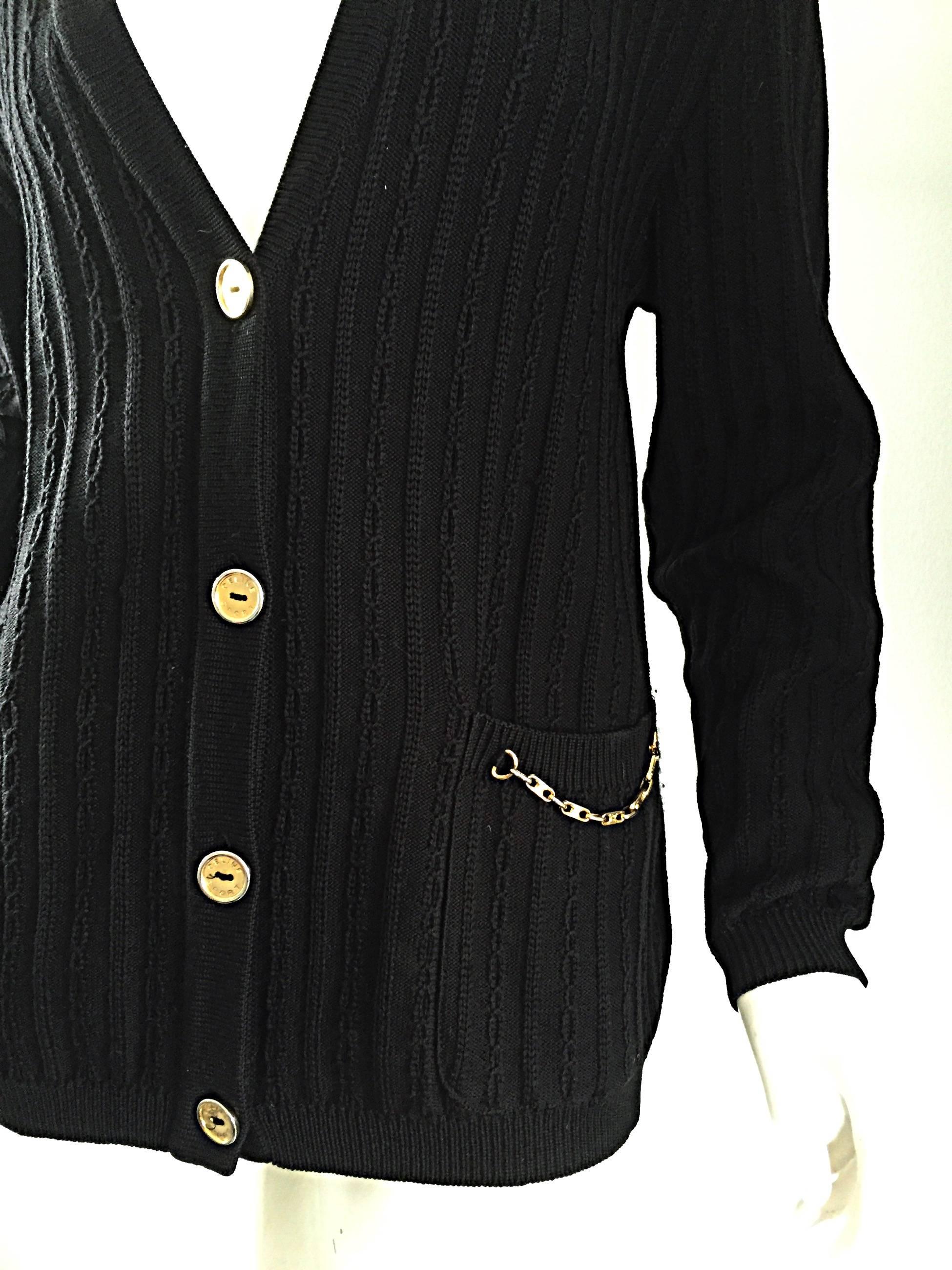 Vintage Celine Black Virgin Wool Ribbed Cardigan Sweater w/ Gold Horsebit Chains 1