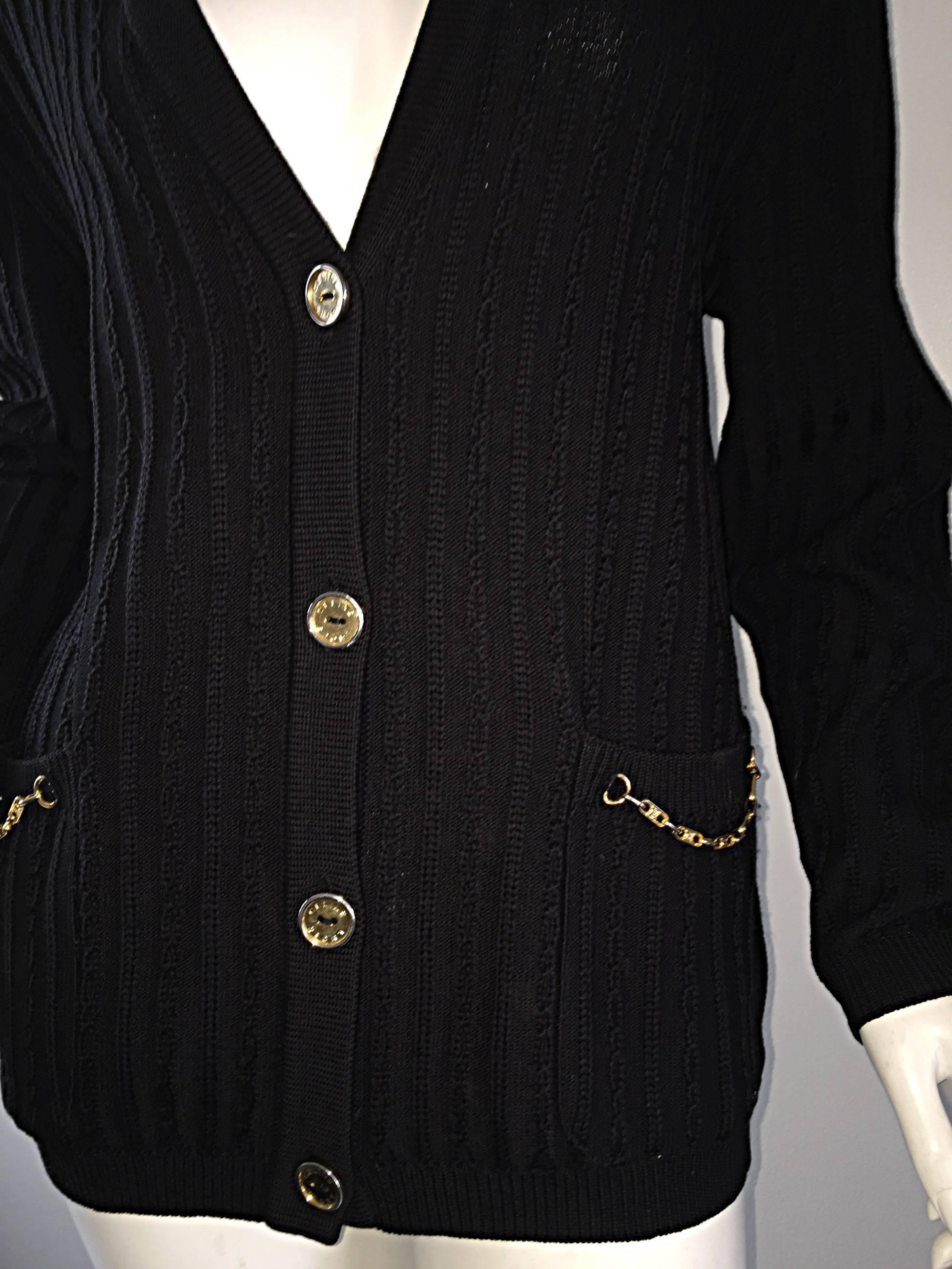 Vintage Celine Black Virgin Wool Ribbed Cardigan Sweater w/ Gold Horsebit Chains 2