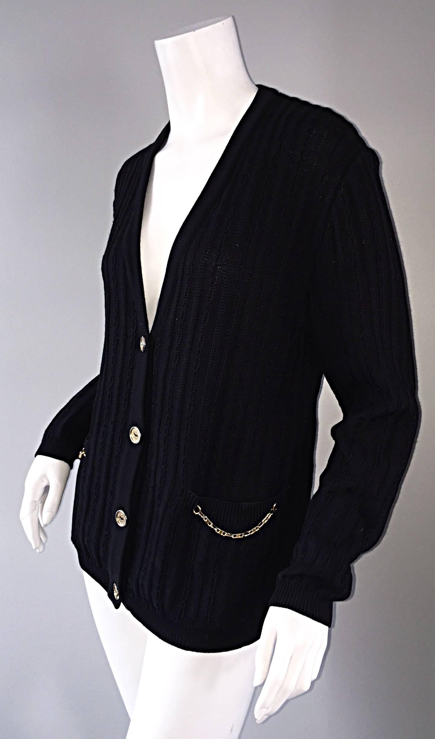 Vintage Celine Black Virgin Wool Ribbed Cardigan Sweater w/ Gold Horsebit Chains 3