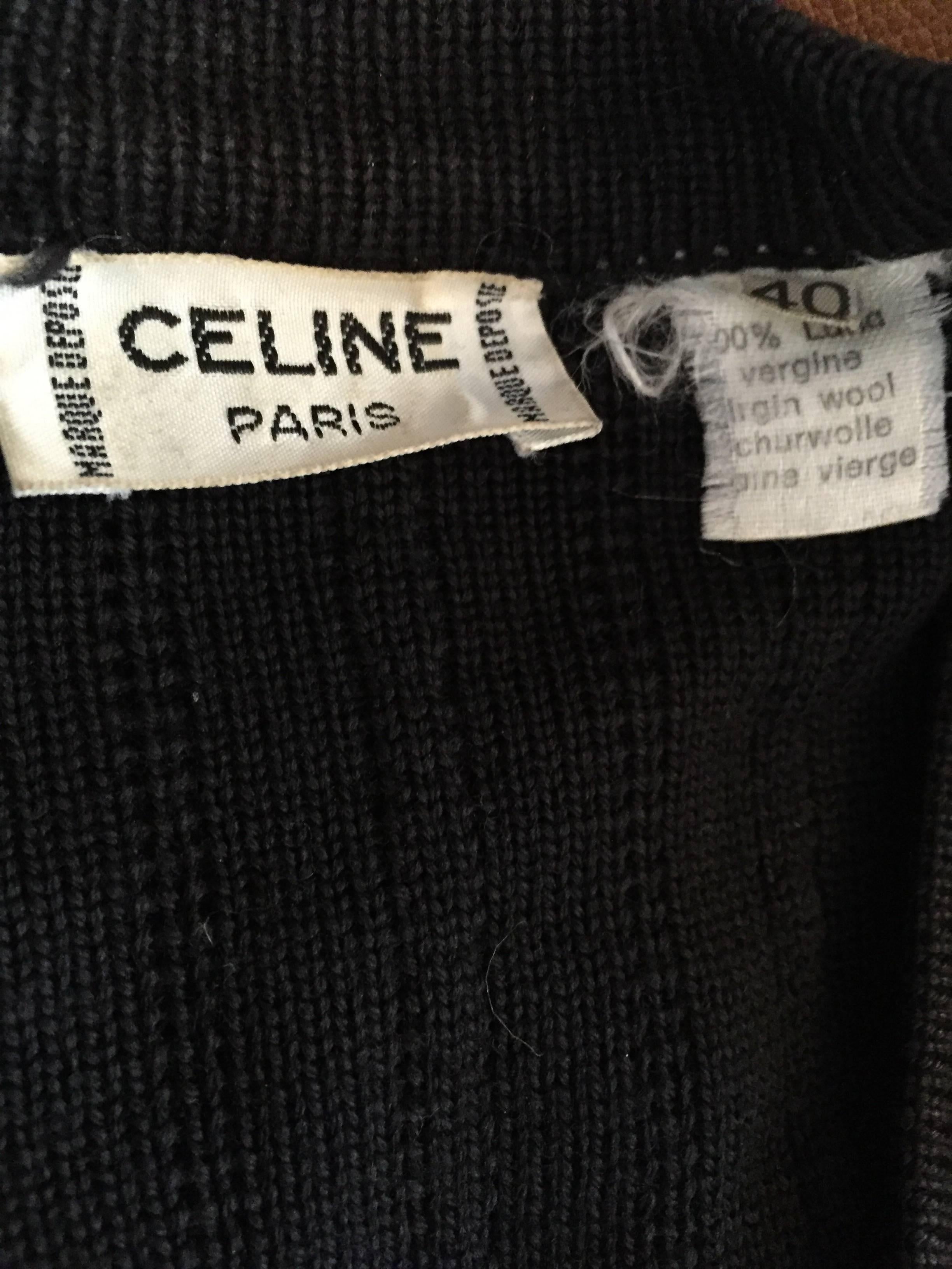 Women's or Men's Vintage Celine Black Virgin Wool Ribbed Cardigan Sweater w/ Gold Horsebit Chains