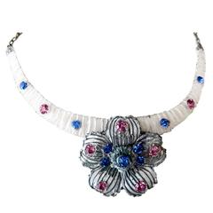 Retro 1960s Resin and Rhinestone Floral Necklace by Henry/Bijoux Fantaisie