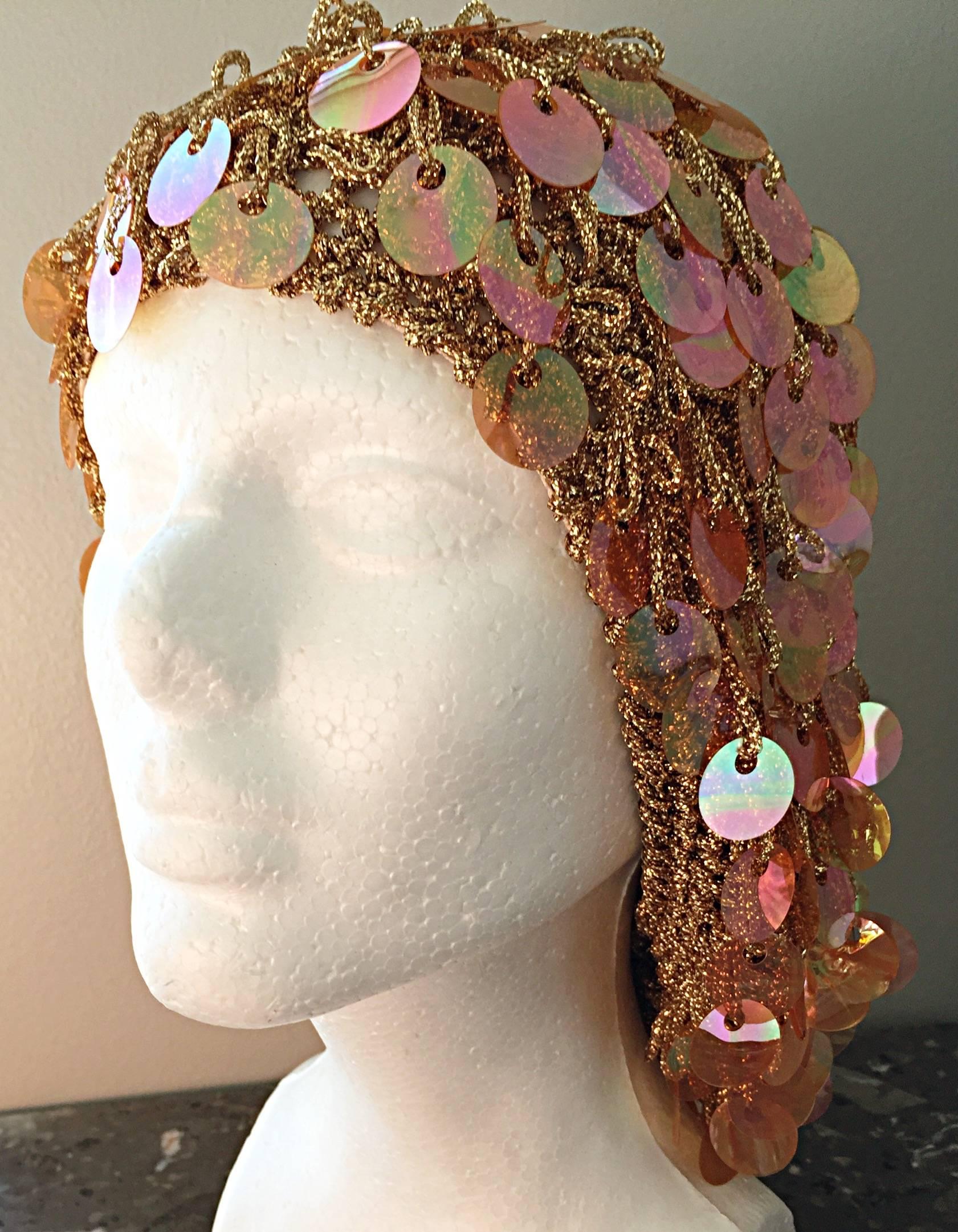 Amazing 1970s Paillettes Made in Italy Sequin Gold 70s Slouchy Vintage Disco Hat 1