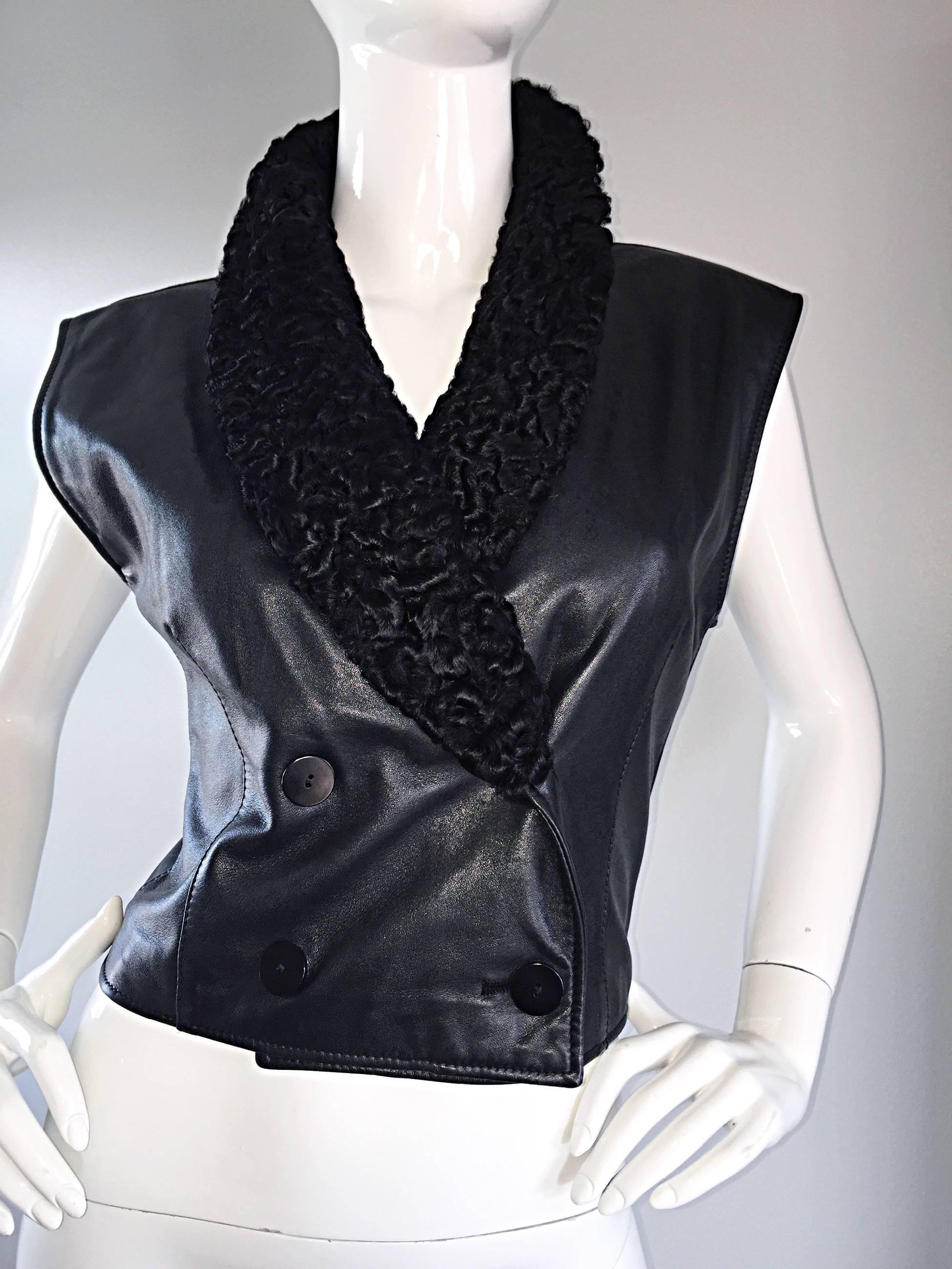Vintage Valentino Black Leather Double Breasted Vest w/ Persian Lamb Collar For Sale 2