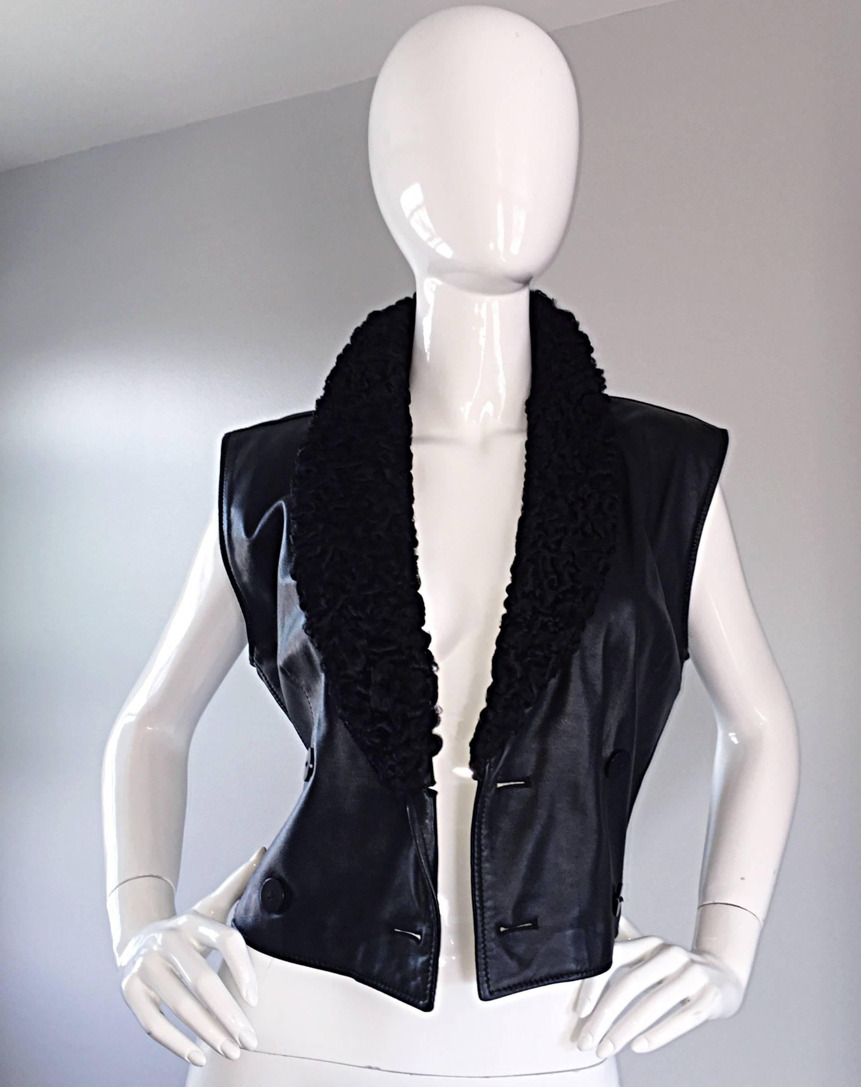 Women's Vintage Valentino Black Leather Double Breasted Vest w/ Persian Lamb Collar For Sale