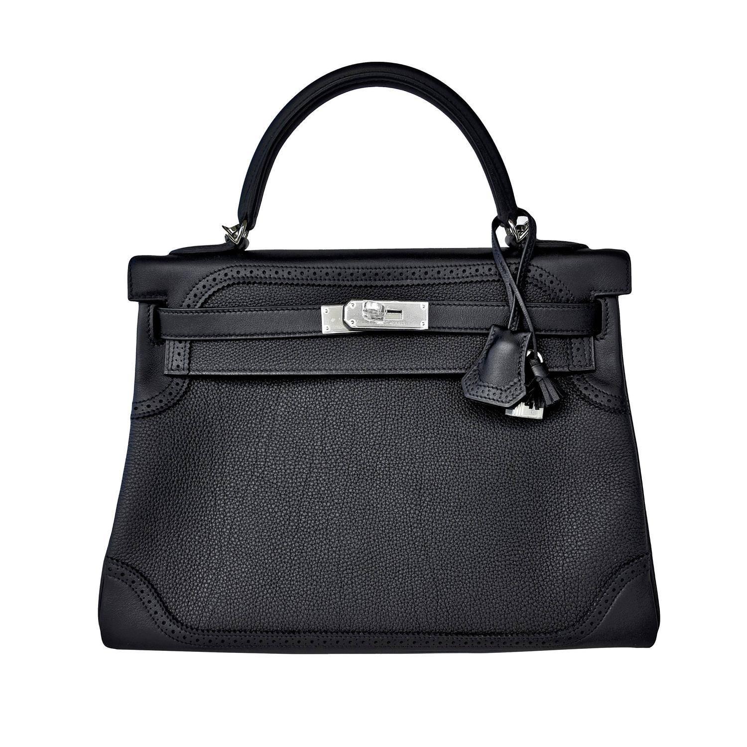 Hermes Black Ghillies Limited Edition 32cm Kelly Togo Swift Shoulder Bag Rare