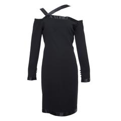 Chanel Black Wool Crepe Dress With Satin Trim, Circa 1980
s