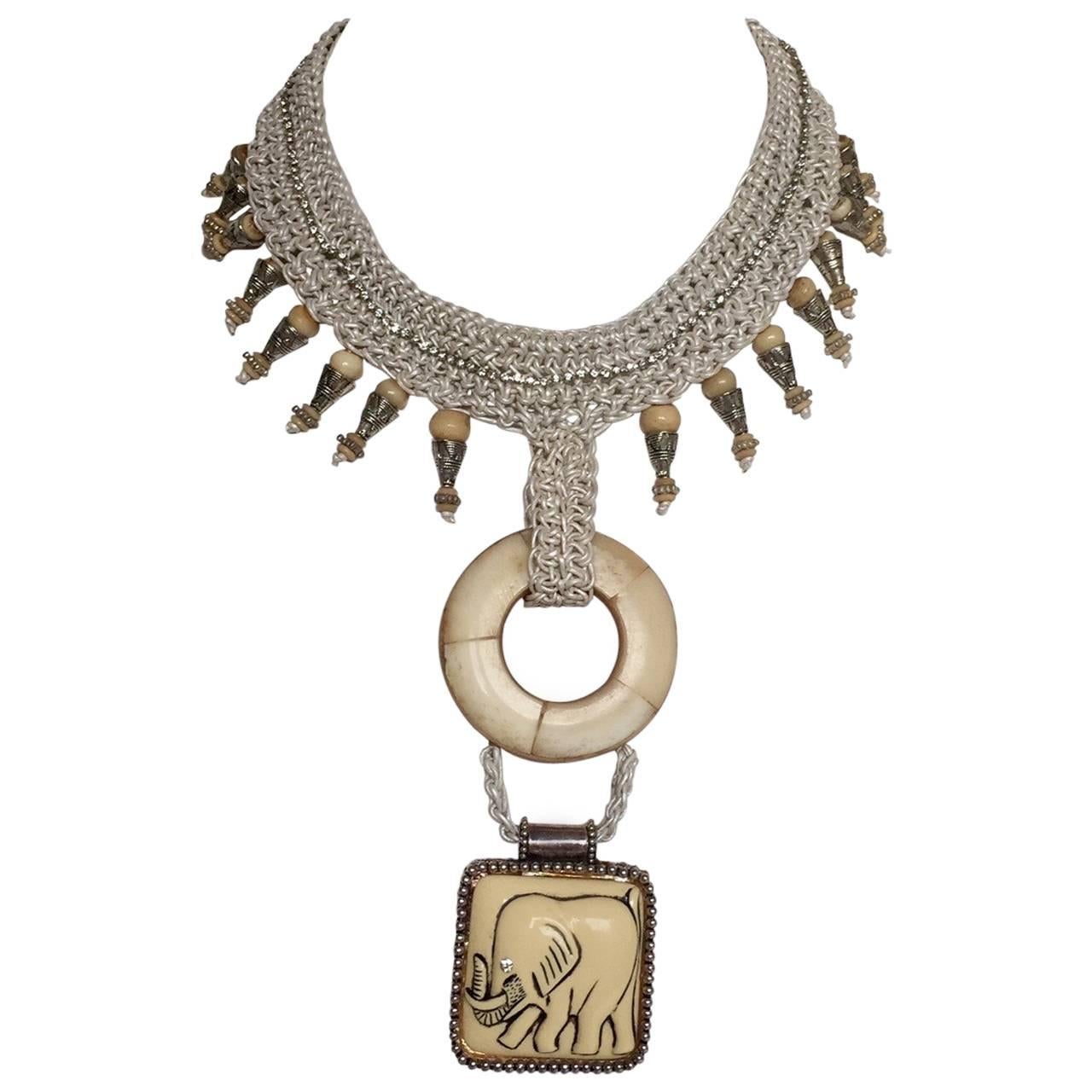 Bone, Shell & Wooden Elephant Necklace with Custom Leather Crotchet